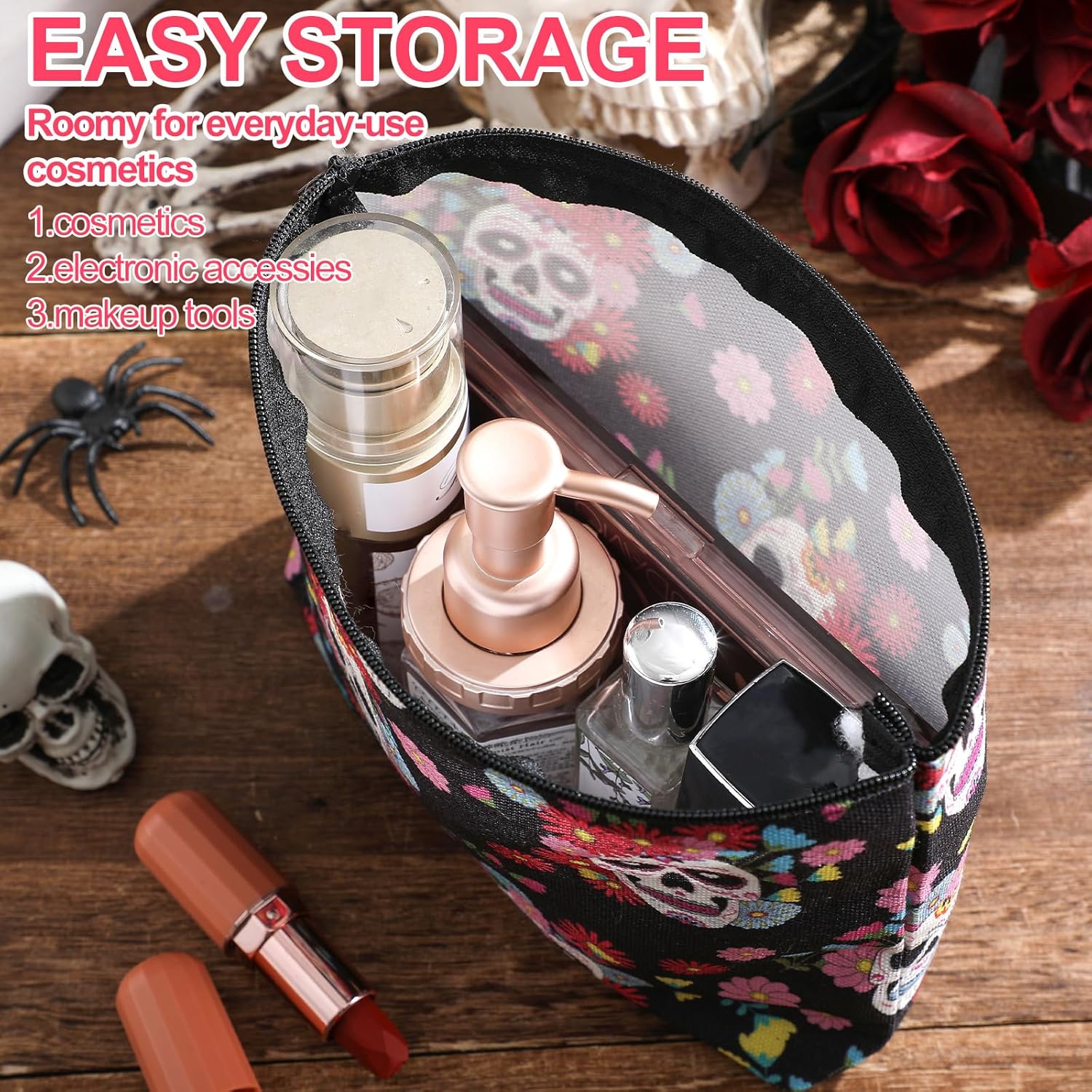 Preboun 4 Pack Sugar Skull Makeup Bags Cosmetic Bag Gifts Travel Toiletry Zipper Pouch Gothic Floral Skeleton Gifts Pouch for Girls Women Sugar Skull Lovers - Image 5
