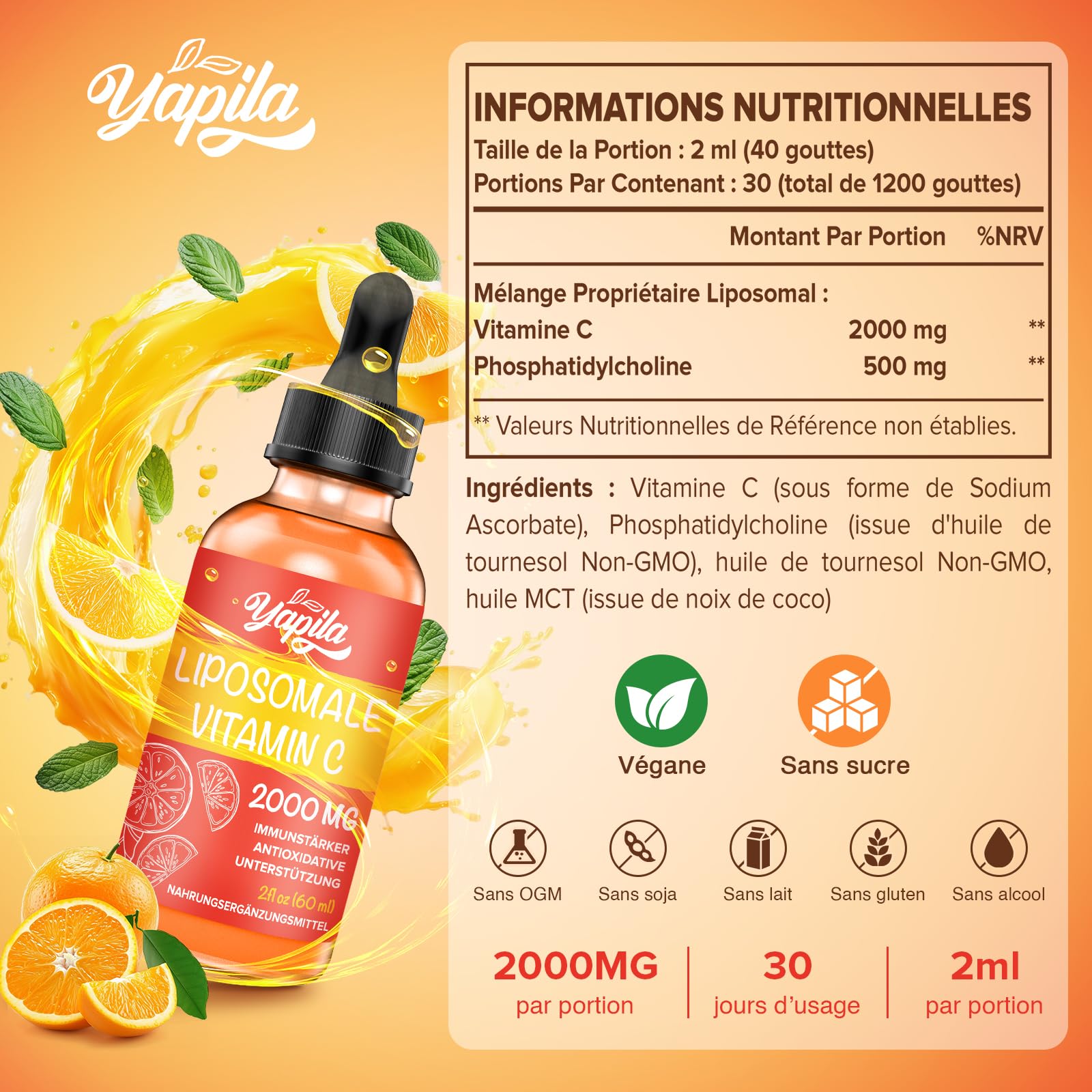 Vitamine C Liposomale 2000 mg Supplément Liquide Avec Acide Ascorbique | Absorption Maximale; Formule Végétalienne Haute Puissance; Sans Gluten Et Sans Soja