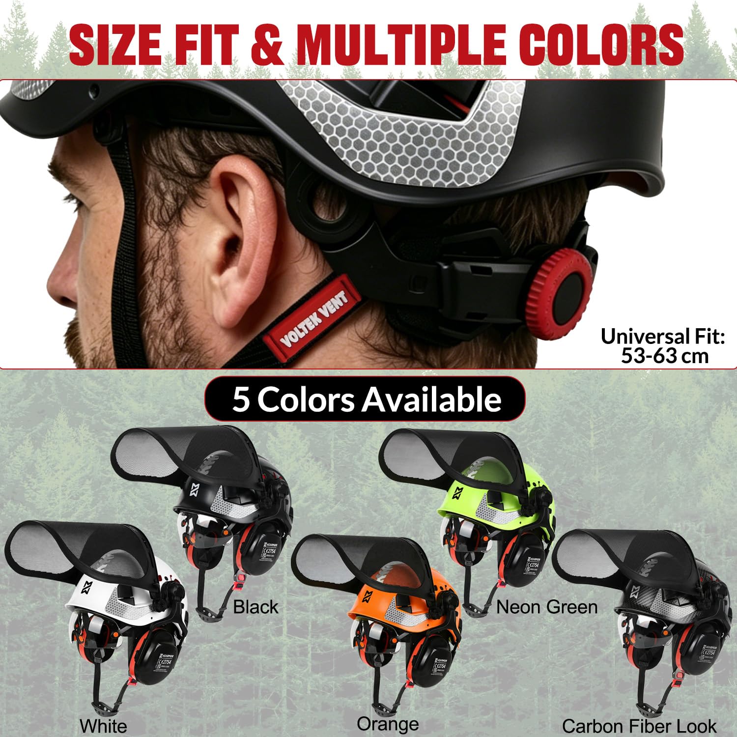 HEARMOR VOLTEK - Casco di sicurezza forestale in ABS con visiera di sicurezza integrata, protezione completa per testa, occhi, viso e udito, design ventilato antiurto