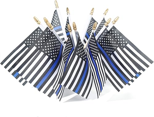 Paquete de 25 Banderas Pequeñas de Línea Azul Fina de Policía en Palo, Mini Banderas Estadounidenses para Oficiales de Policía, Regalos para Eventos