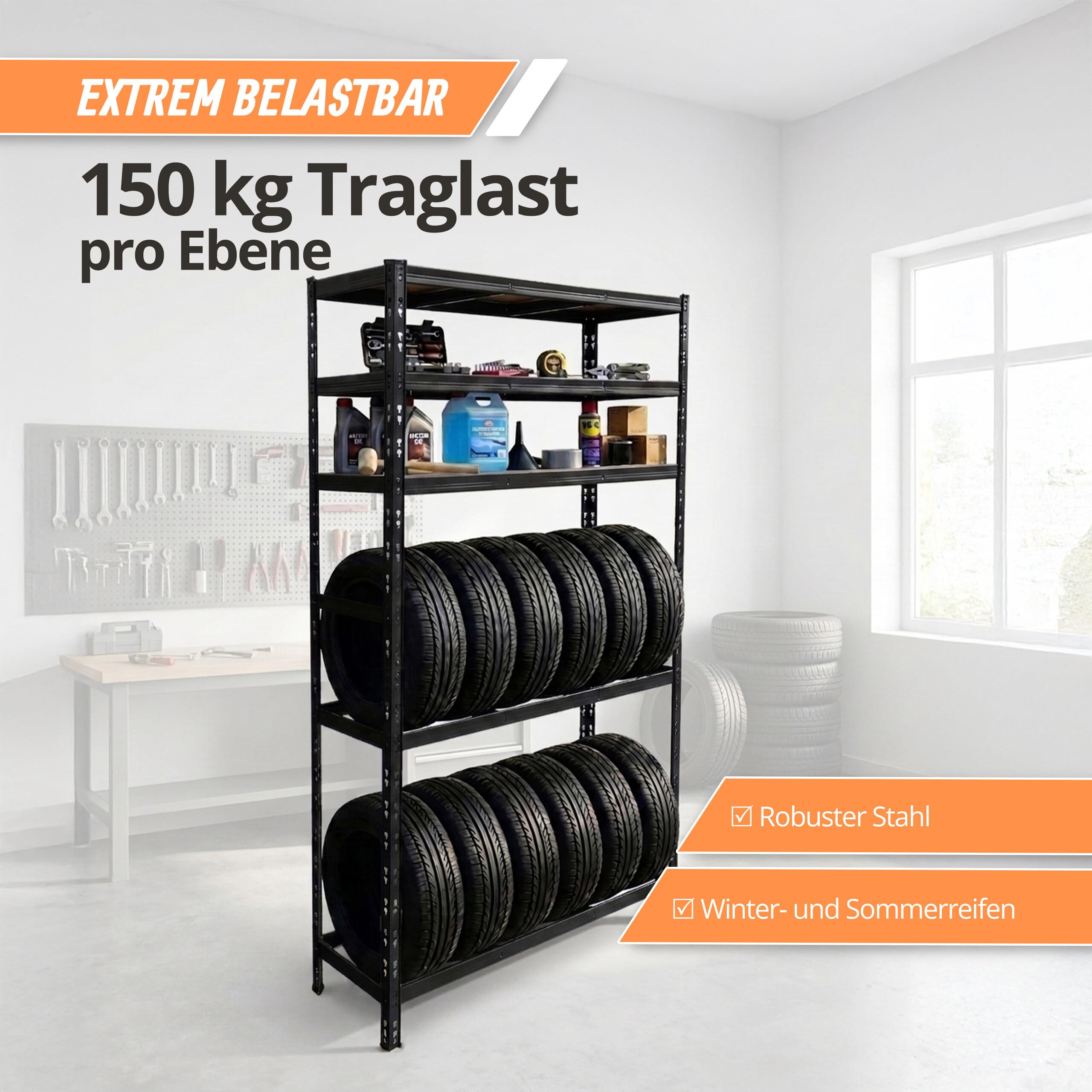 Relaxdays Reifenregal für 12 Reifen, HxBxT 210 x 120 x 40 cm, 750 kg, Stahl, Stecksystem, Reifenlager Werkstatt, schwarz