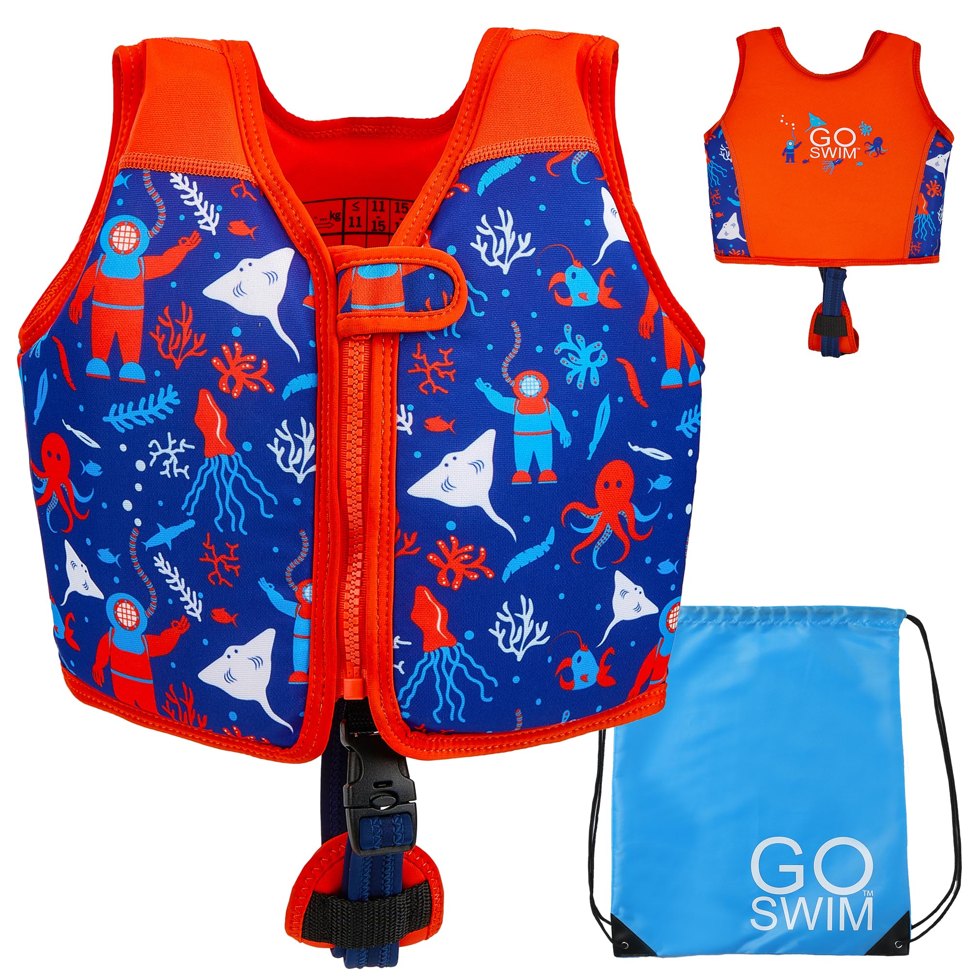 Go Swim Float Vest – Baby, Toddler & Kids Swim Vest - Fixed Buoyancy & Safety Strap. *Includes Free Swim bag*