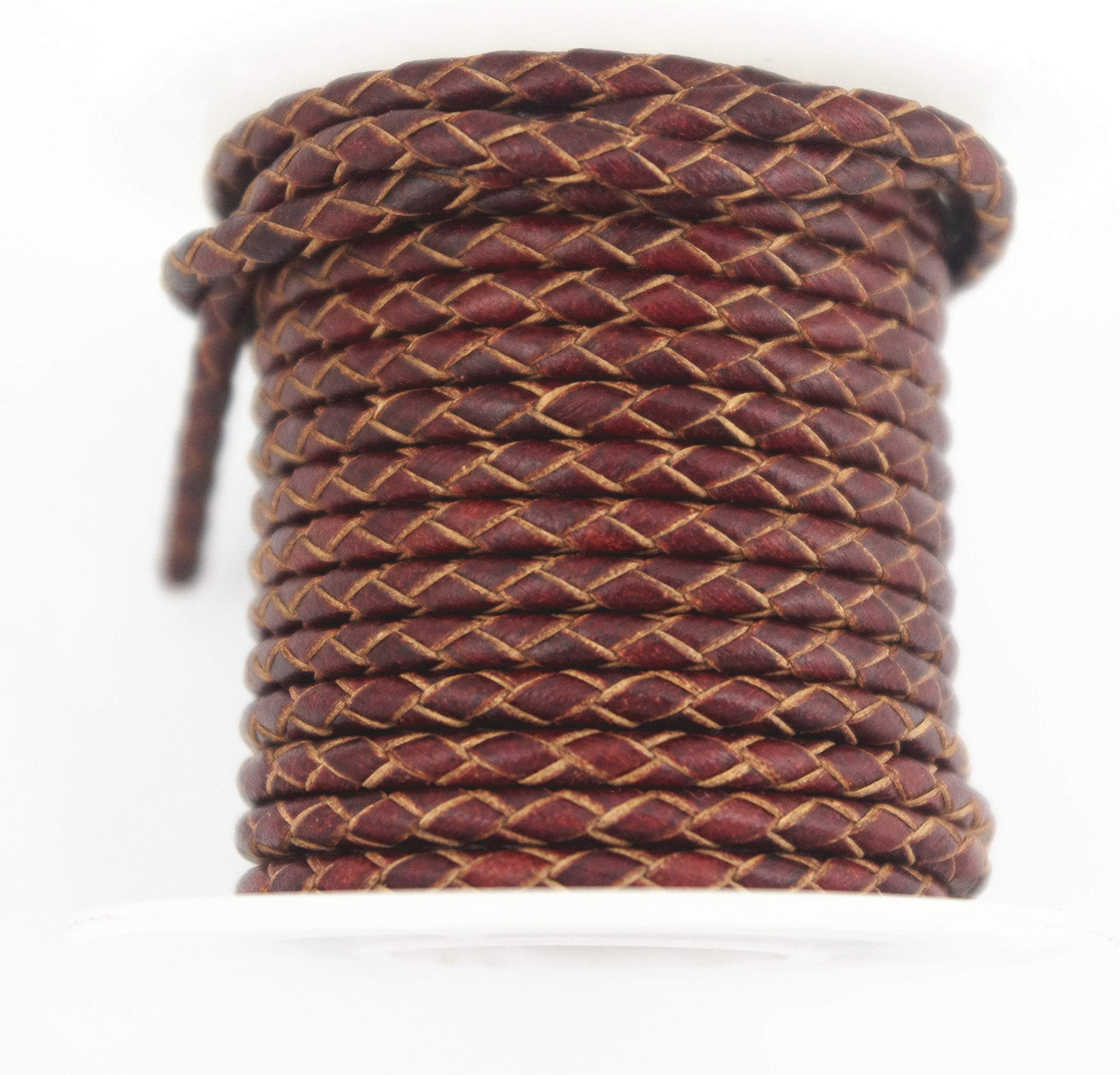 Glory Qin 5 Yards Round Folded Bolo Braided Genuine Leather Cord for Making Bracelet & Jewelry (Vintage Brown, 3mm)