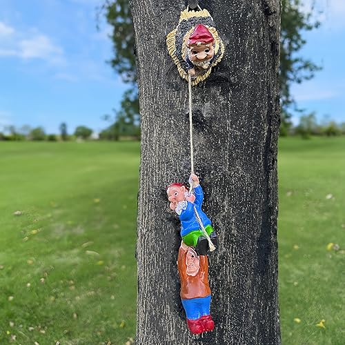 Miniatura 5 de Teaeeno Decoración de gnomo trepador de árbol y tocón de árbol, juego de estatua de gnomo de jardín, escultura vívida de gnomo de hada al aire
