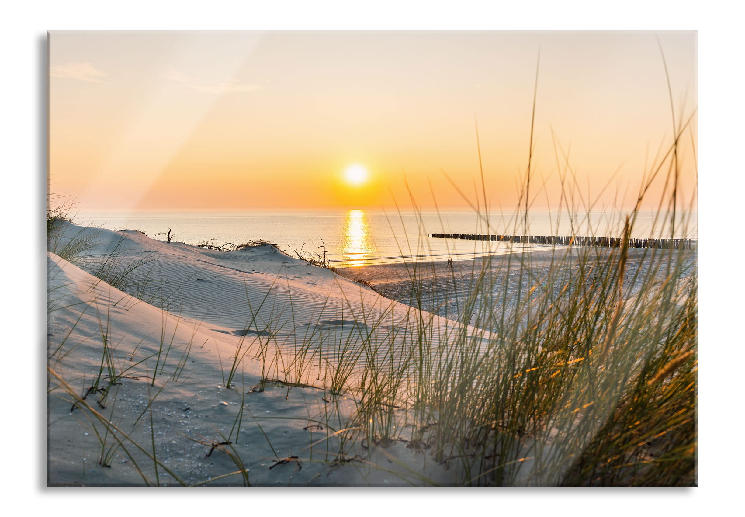 Pixxprint Glasbild, Wandbild aus Echtglas, Dünenblick auf Meer bei Sonnenuntergang, 80x60 cm, inkl. Aufhängung und Abstandshalter