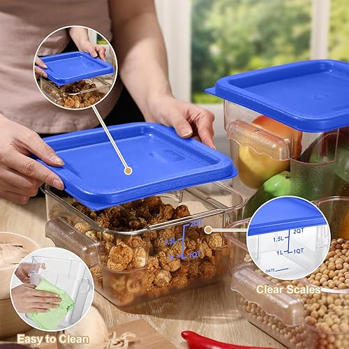 Miniatura 5 de Juego de 4 recipientes de almacenamiento de alimentos con tapas, 2 cuartos y 4 cuartos de galón, cuadrados transparentes con asas de básculas para