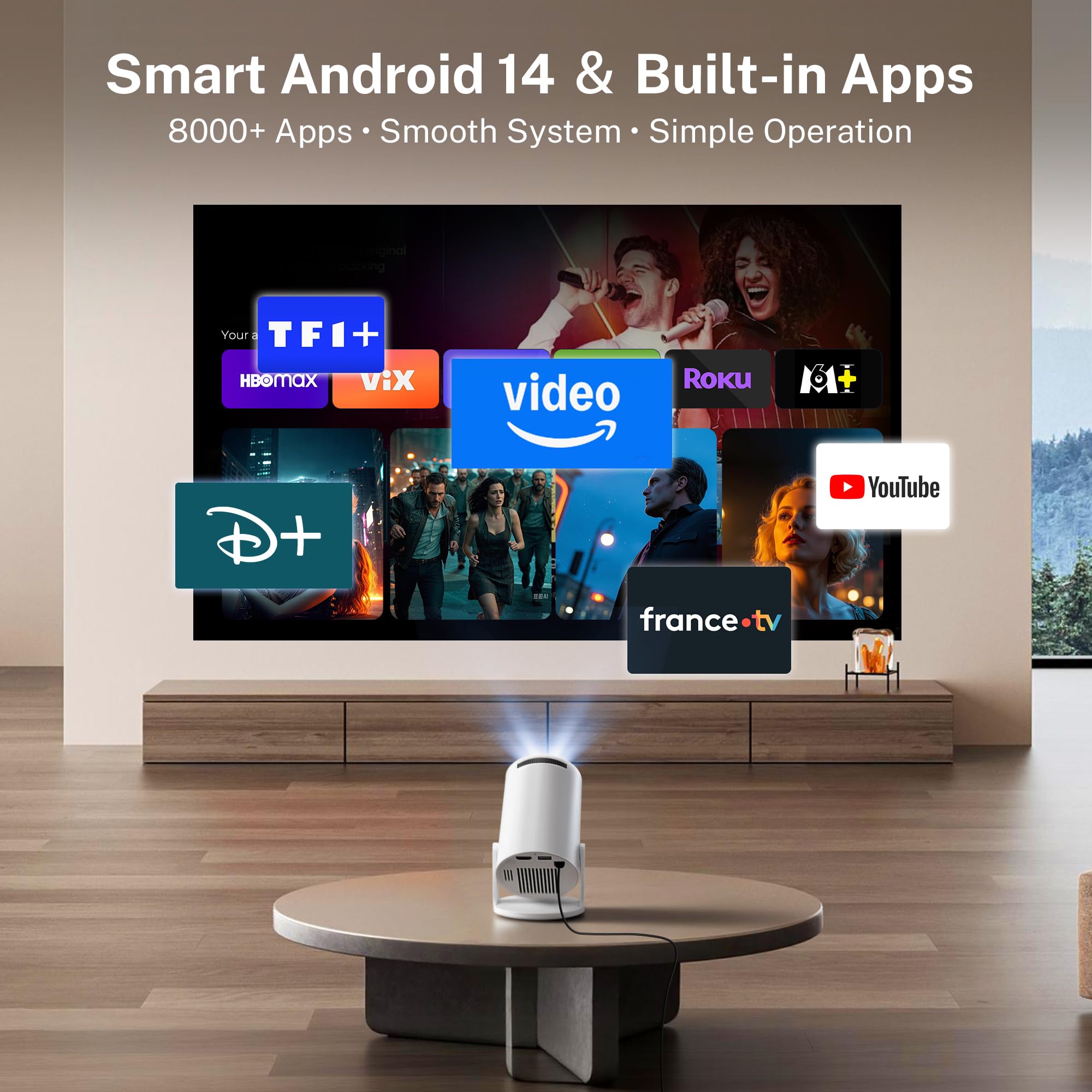 Applications intégrées Mise à Niveau 2026 Projecteur Intelligent avec Wi-Fi6&Bluetooth5.4, Prise en Charge 4K HD Full Correction Automatique du Keystone 360° Mini cinéma Portable pour iOS/Android
