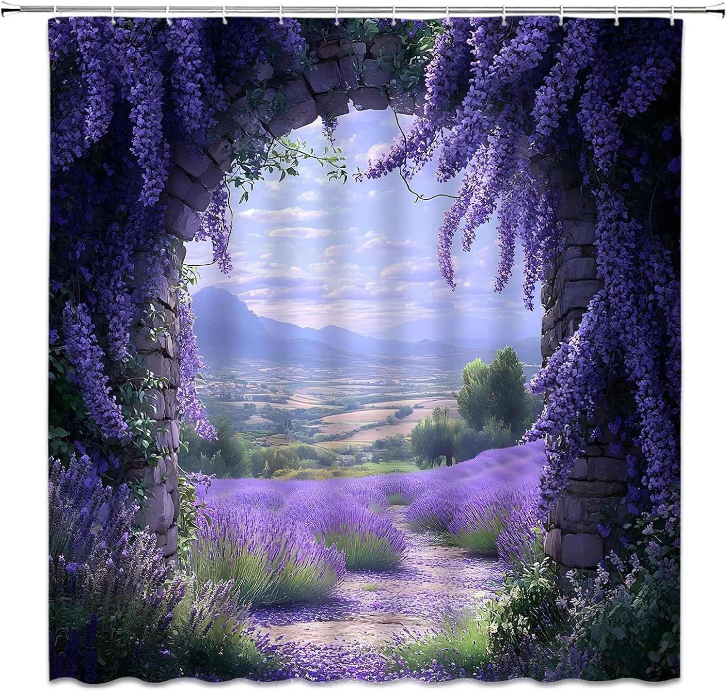 Garden Shower Curtain Spring Purple Floral Wisteria Vine Lavender Meadow Nature Rustic Home Fabric Bathroom Decor Set Include Hooks,(70" Wx74.8 H)