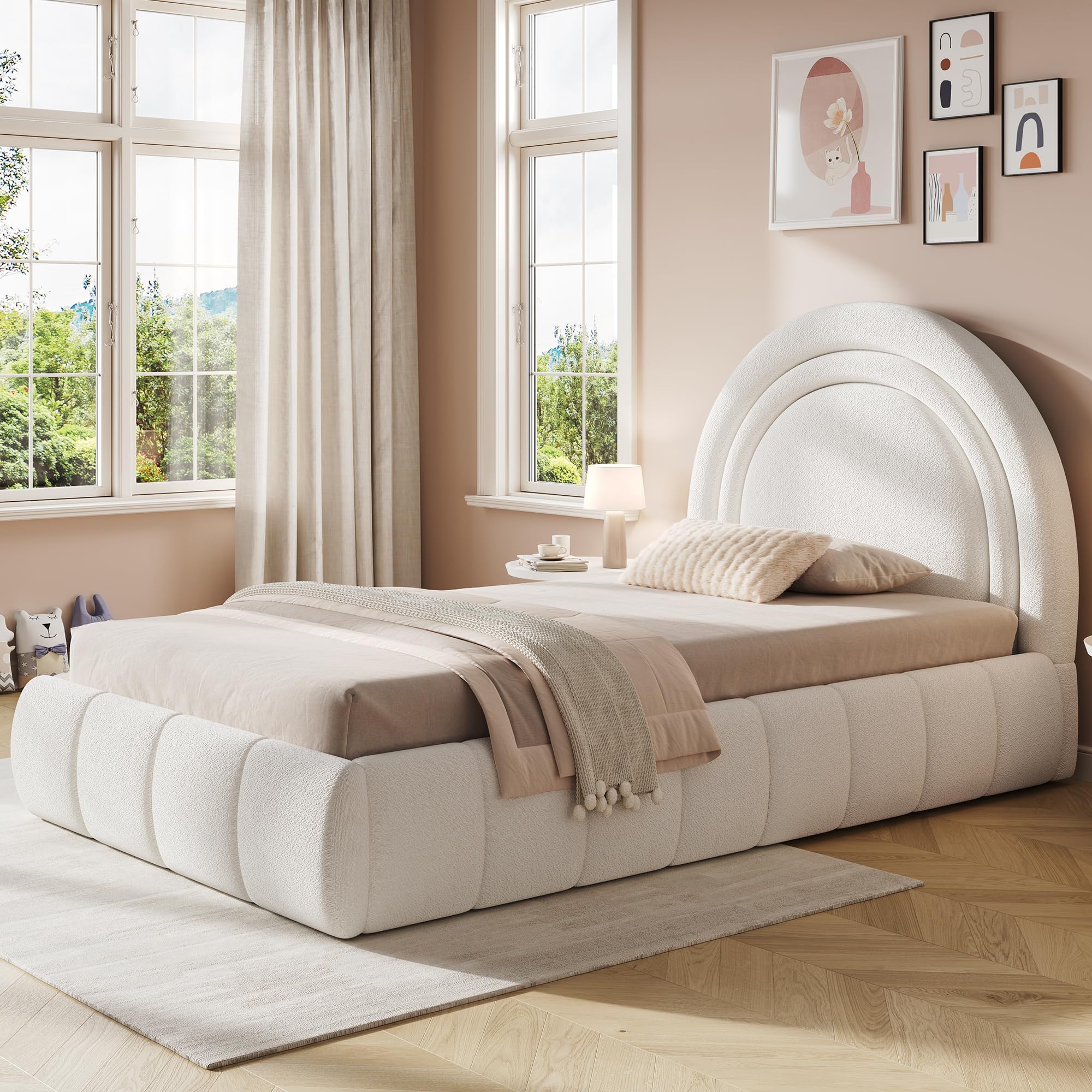 Mrwoo Polsterbett 90x200 cm mit Hydraulikfunktion und Großem Stauraum, Einzelbett mit Kopfteil, Kinderbett, Stauraumbett, Bouclé, Beige-B(Ohne Matratze)