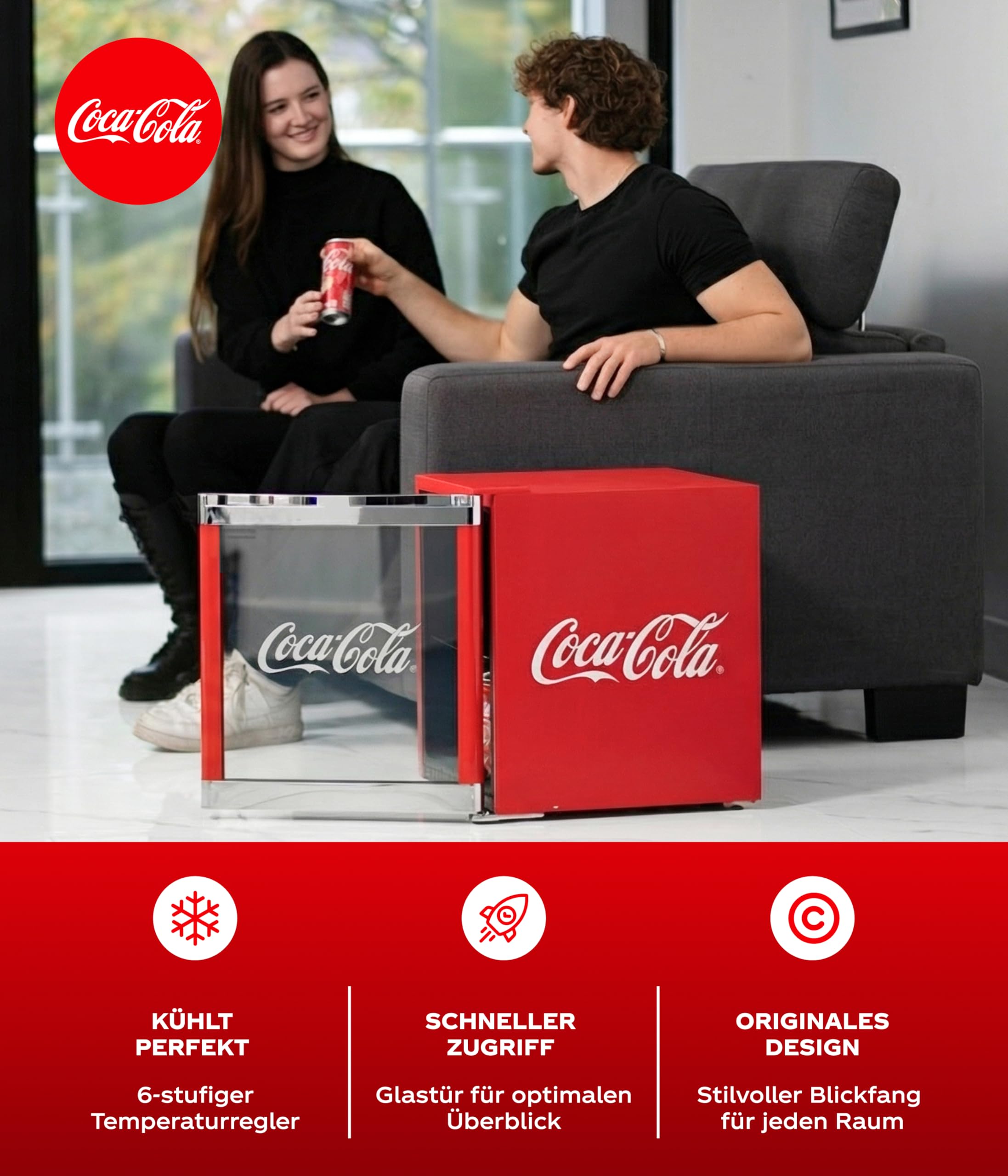 Coca-Cola Mini Kühlschrank Rot 48L Getränkekühlschrank Glastür leise energieeffizient