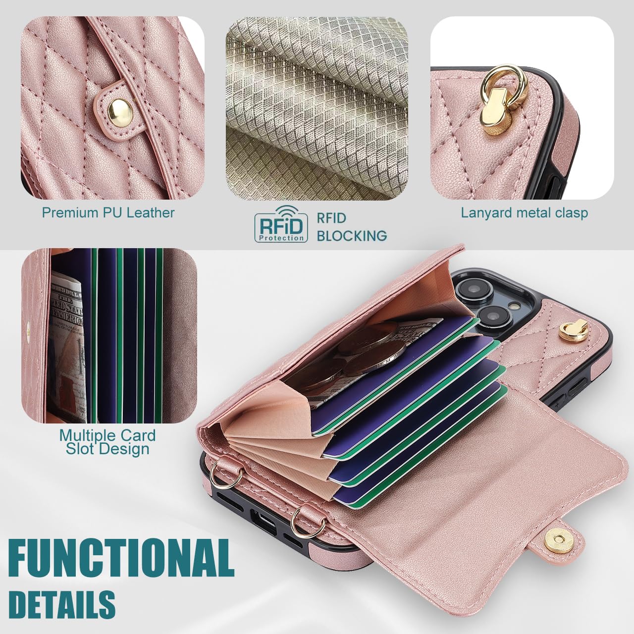 XIZYO for iPhone 15 Pro Max Leather Crossbody Wallet Phone Case with 2 Adjustable Removable Lanyard Straps - Image 4