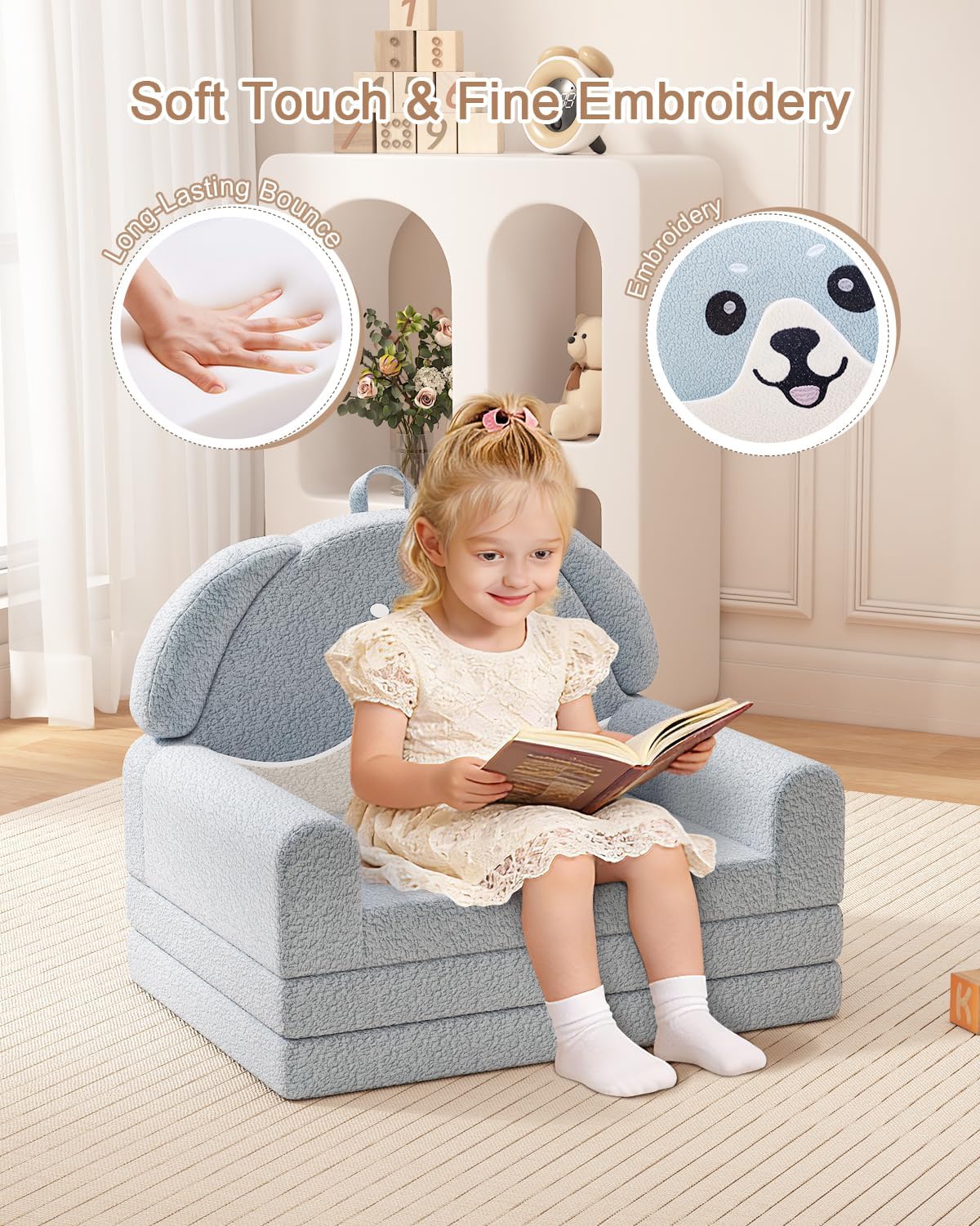 YACODAVO 2-in-1 Kids Couch, Soft Toddler Couch Fold Out for Girl and Boys, Dog Design Foldable Kids Sofa to Lounger, Convertible Kids Chairs Comfy, Gift for Birthday, Children's Day, Blue