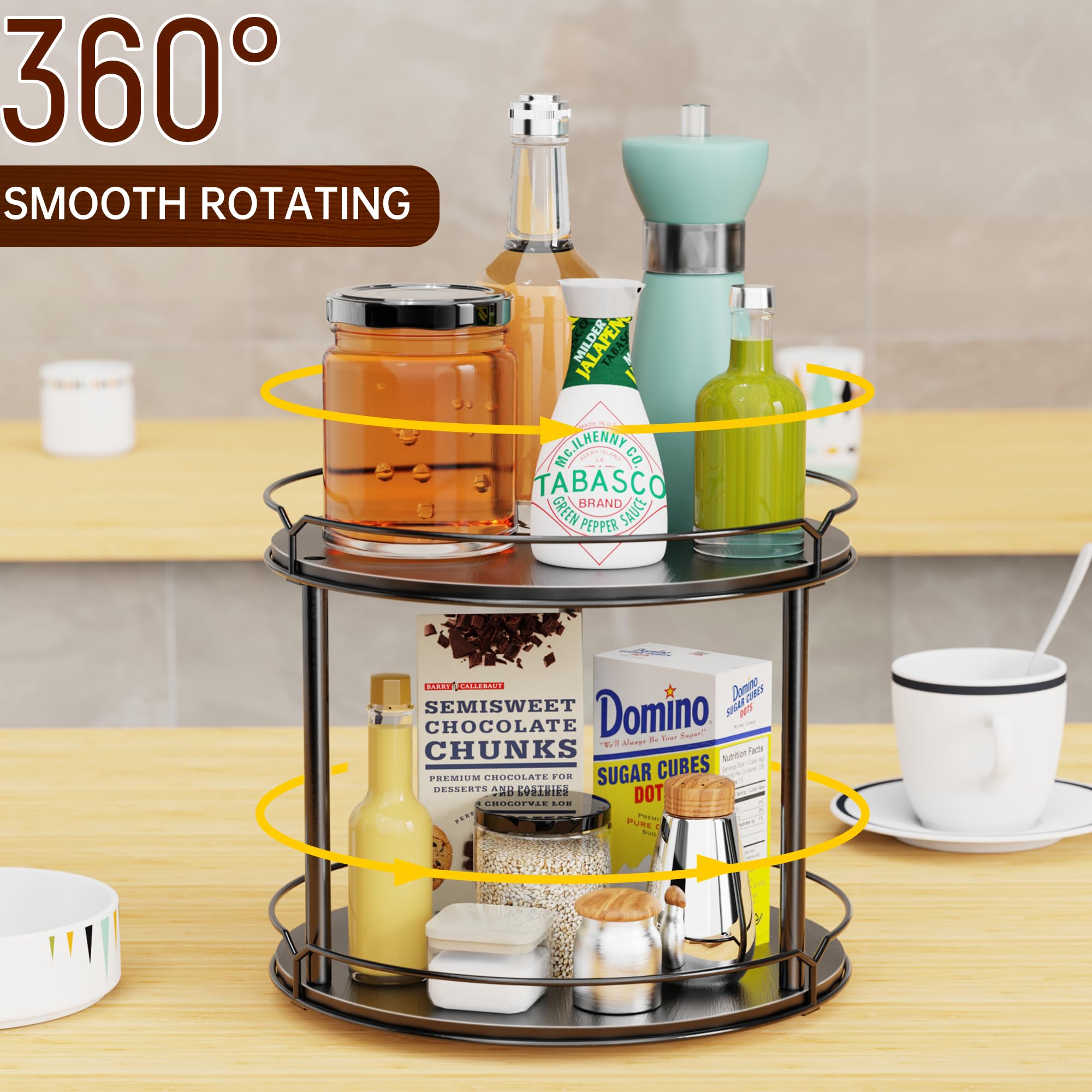 Lazy Susan - Organizador de 2 Niveles, Estante Giratorio de Especias de 12.4 Pulgadas para Mesa, Giratorio de Madera para gabinete, despensa, Cocina, encimera, Mesa de Comedor, Armario, baño,