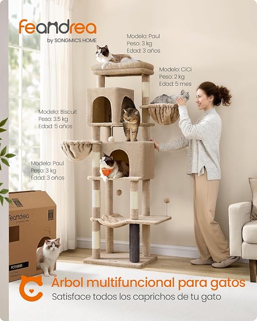 Foto 3 de 8 de Feandrea Árbol Grande para Gatos, Torre para Arañar de 175 cm de Altura, Multinivel con 2 Cuevas, 2 Cestas