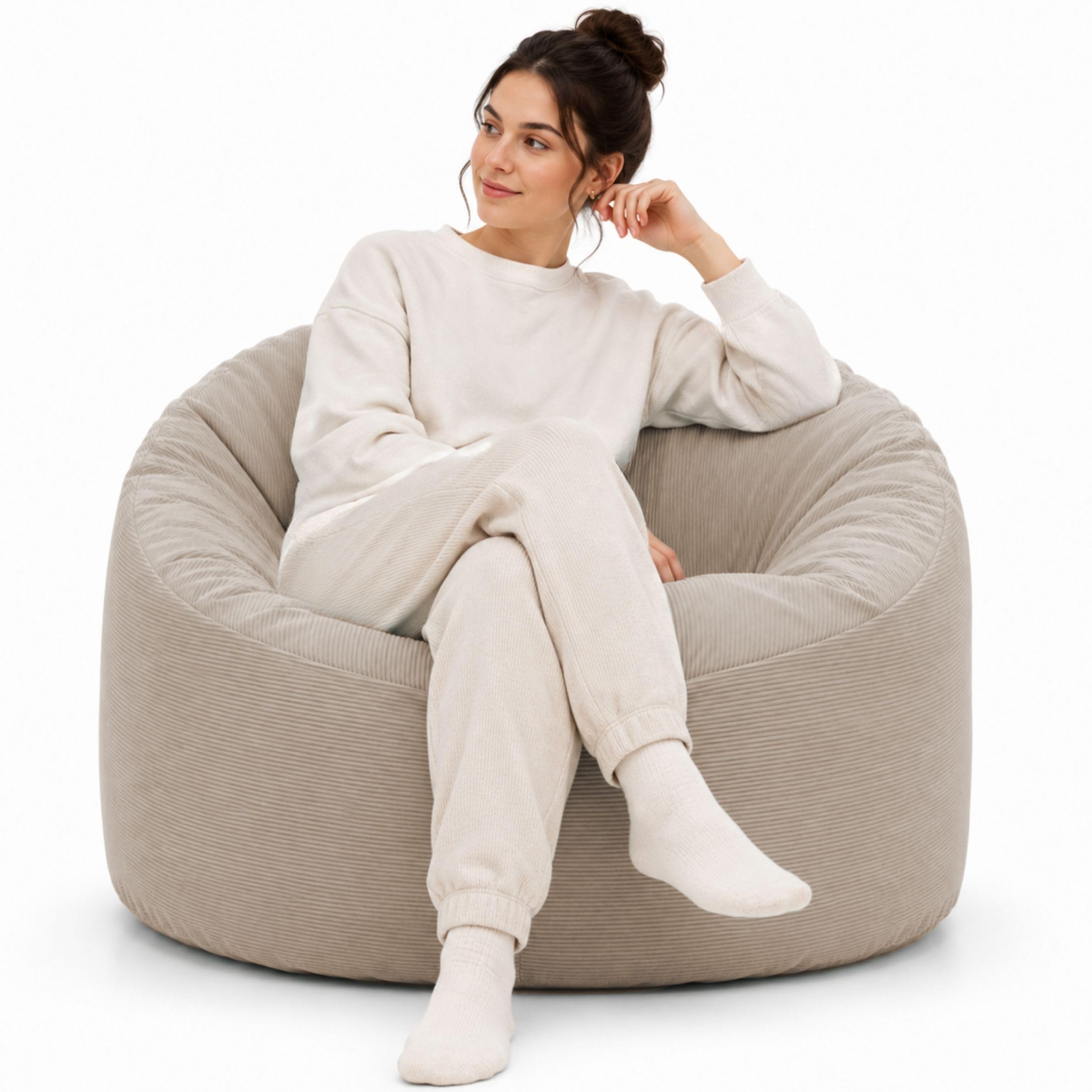 bananair - Pouf Poltrona Sacco in Velluto a Coste - Morbido e Confortevole - Imbottitura in Schiuma, Ottimo Supporto per la Schiena - Pouf Divano Gigante (100 cm, Beige)