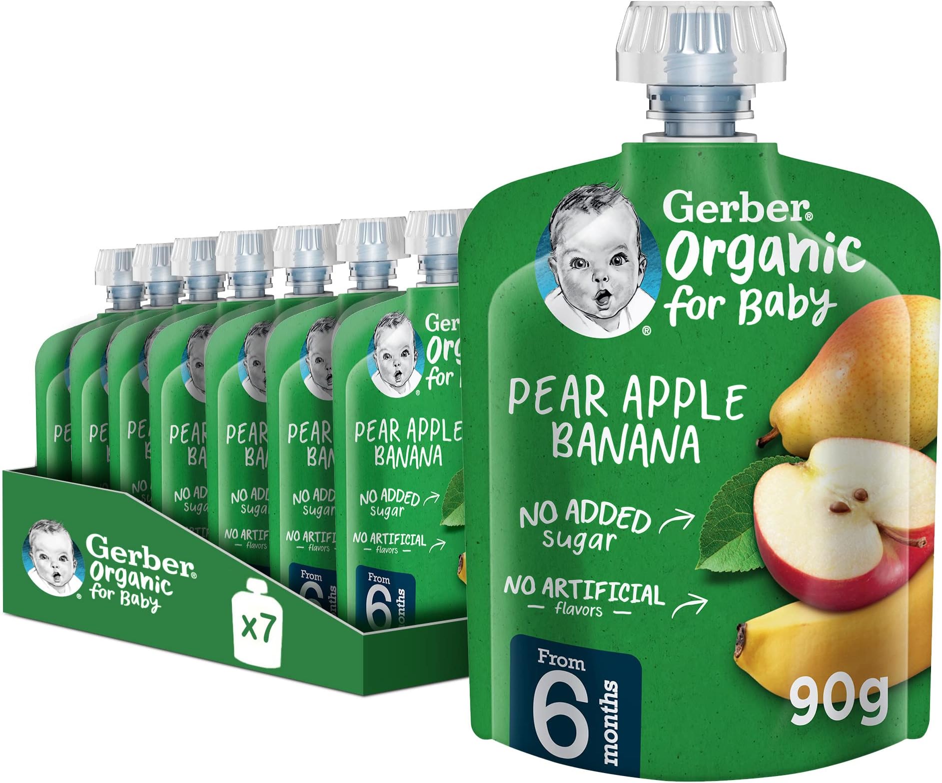 Organic Baby Food Puree Pouch Pear, Apple & Banana. No added sugar, No artificial flavors, No preservatives, 90g (6m+) (7 Pouches)