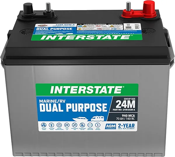 Interstate Batteries Marine/RV Battery 12V 70Ah 750CCA (8-24MAGM) Dual Purpose Power Pure Lead AGM RV & Marine Starting Replacement Battery (Group Size 24) Boats, RV's