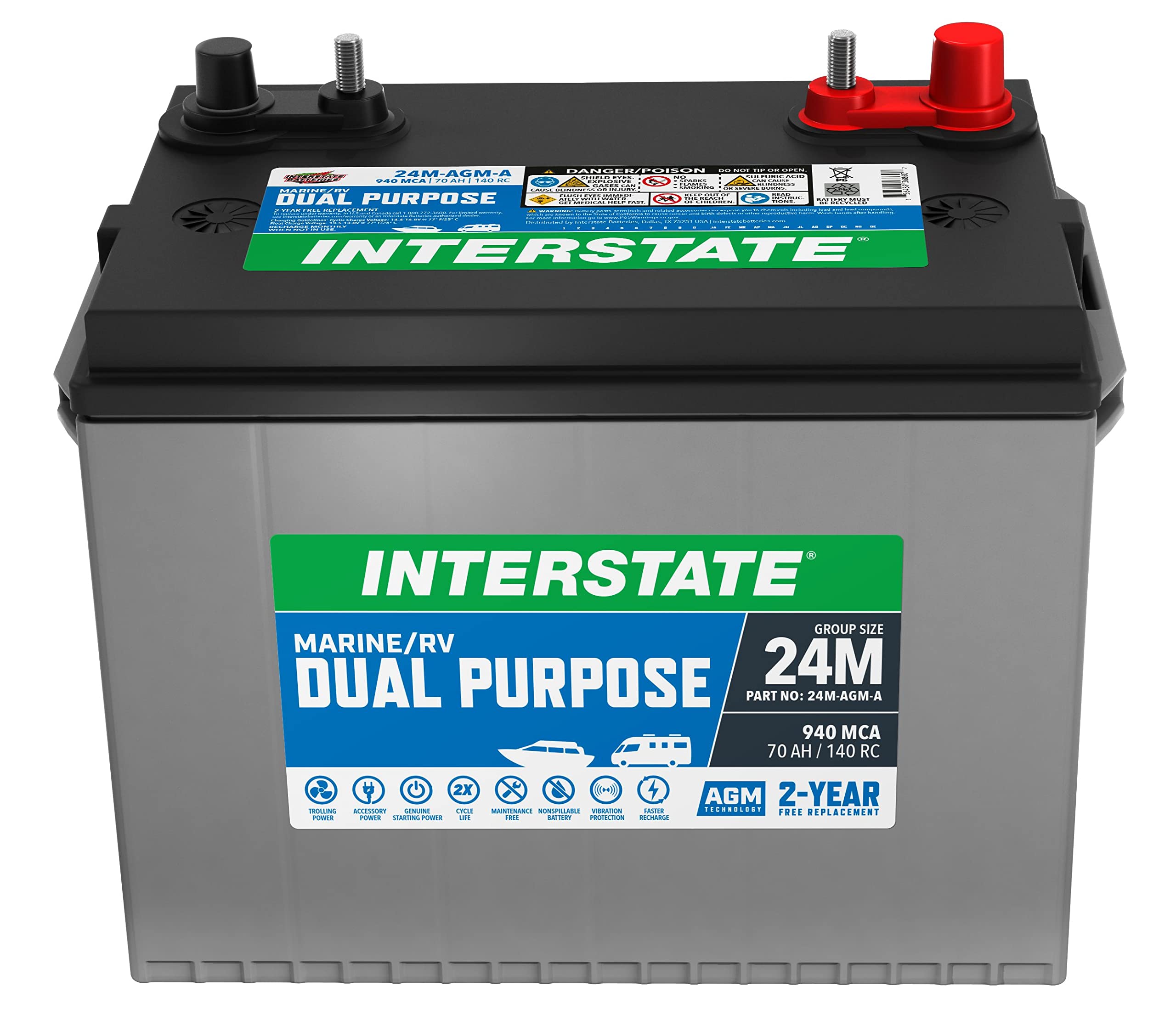 Interstate BatteriesMarine/RV Battery 12V 70Ah 750CCA (8-24MAGM) Dual Purpose Power Pure Lead AGM RV & Marine Starting Replacement Battery (Group Size 24) Boats, RV's