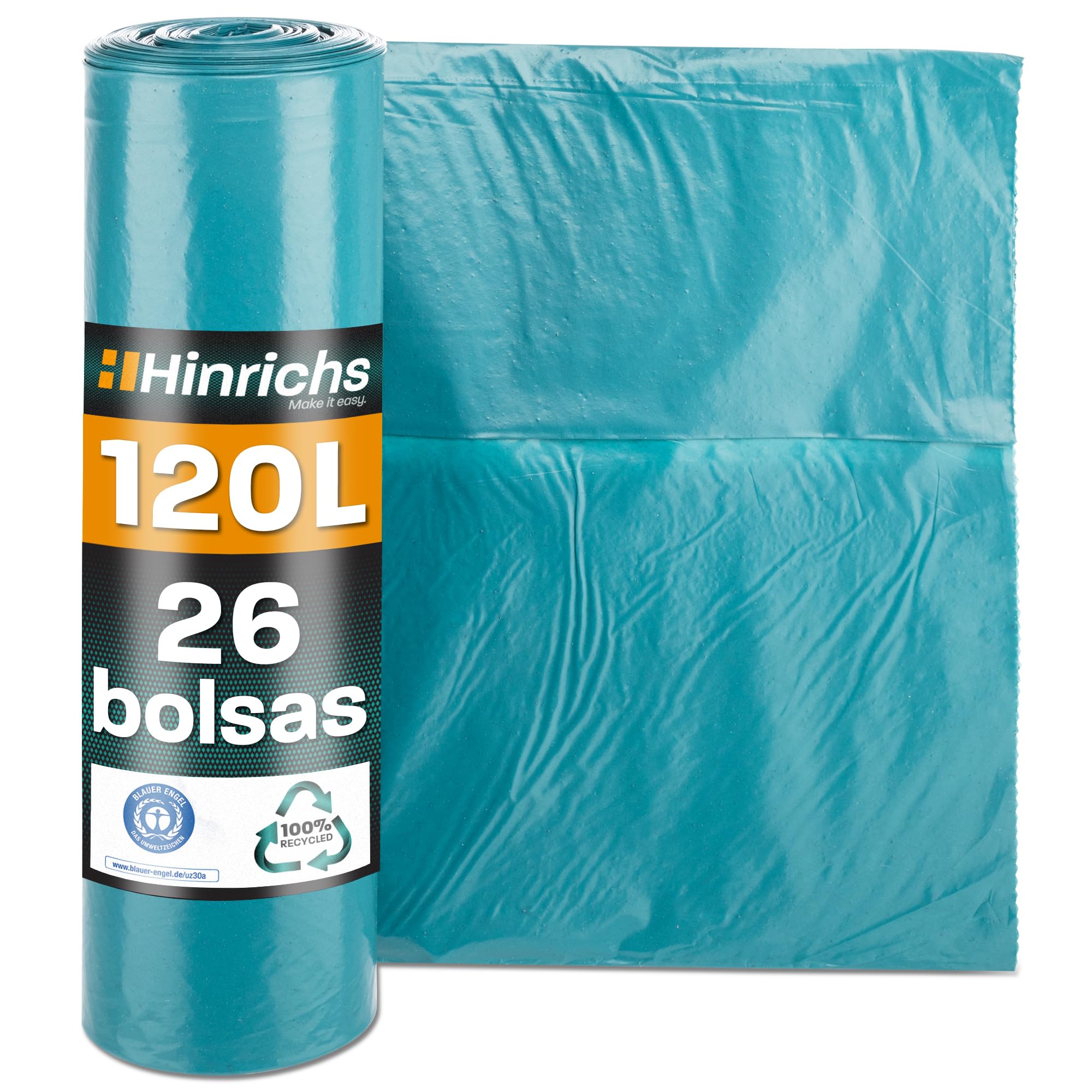 Hinrichs Bolsas de Basura 120L Extra Fuertes – 70x110 cm – Rollo de 26 – Sacos Resistentes de LDPE Reciclado – Bolsas Azules Grandes para Jardines, Hogares y Obras