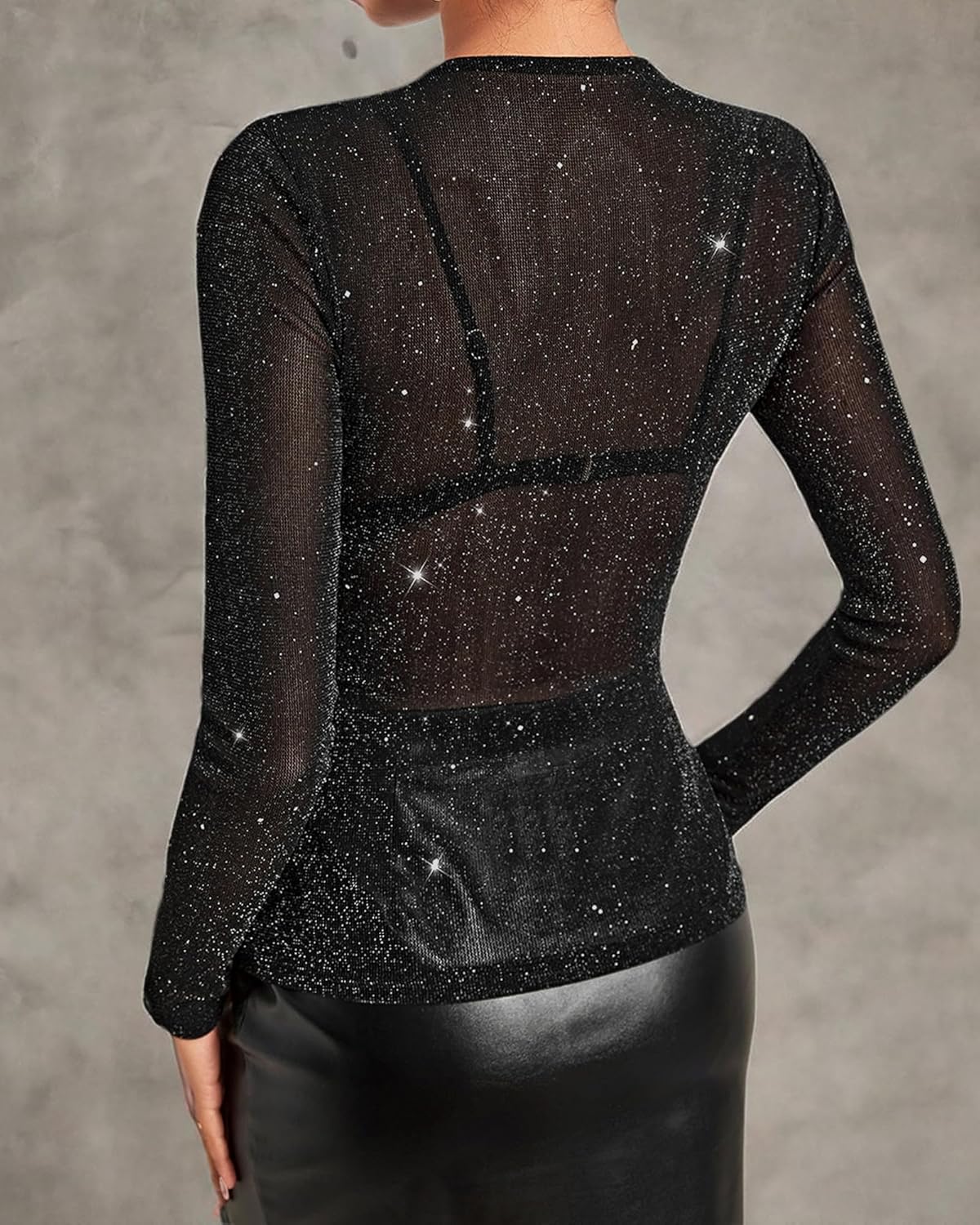 Allchic Glitter Sheer Mesh Tops for Women Long Sleeve Blouses Club T Shirts - Image 7