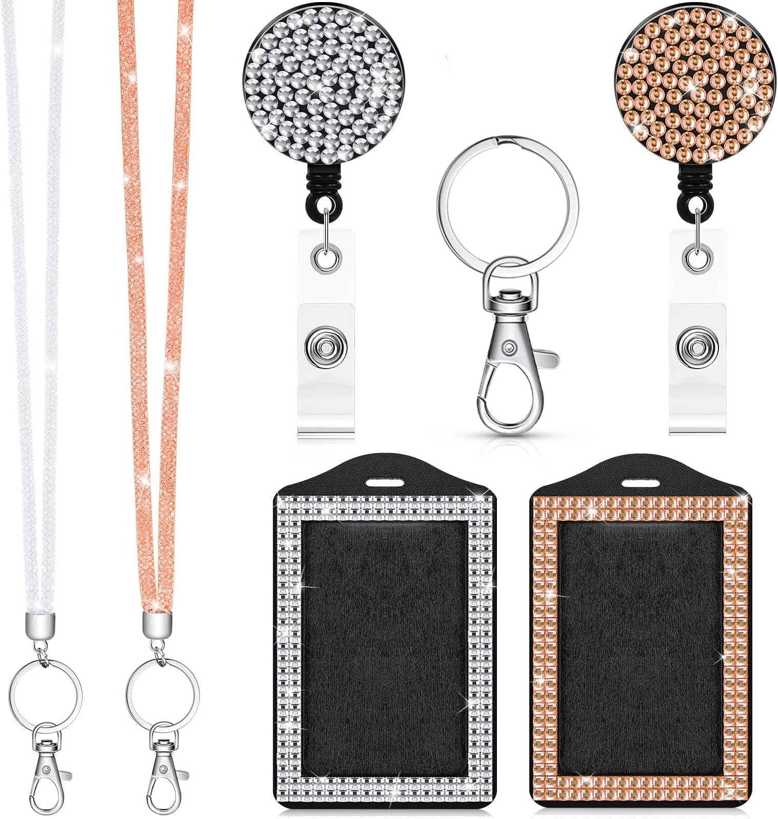 Chinco 2 Sets Rhinestone Lanyard with ID Holder Lanyard Bling Badge Holder Diamond ID Card Sparkly Necklace Lanyard with Metal Clasp Key Ring Badge Reel for Women Nurse Teacher (White, Champagne)
