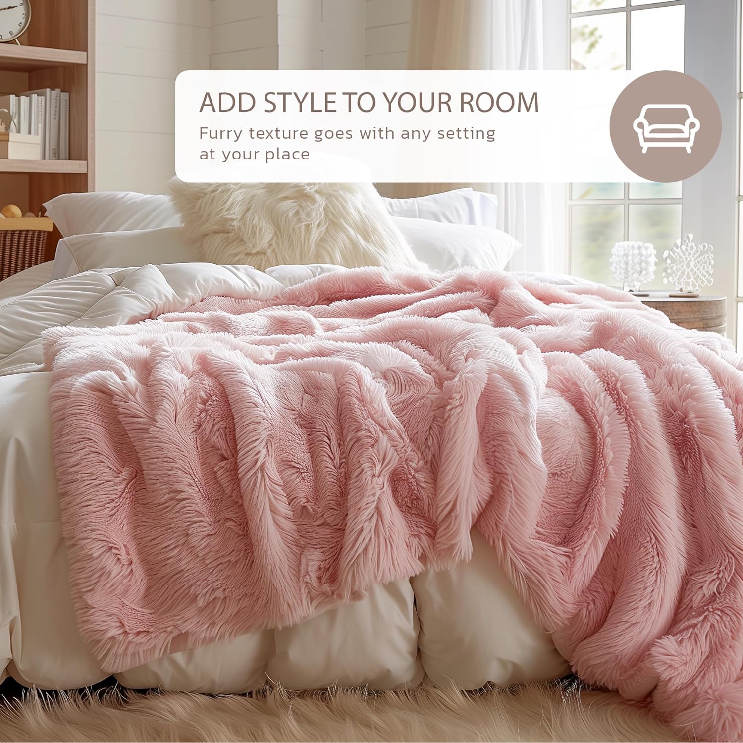 Hyde Lane Blush Pink Throw Blanket for Couch Sofa, Reversible Ultra Soft Faux Fur Fluffy Fuzzy Throw Blankets - 60x80 Rose Gold - Image 4