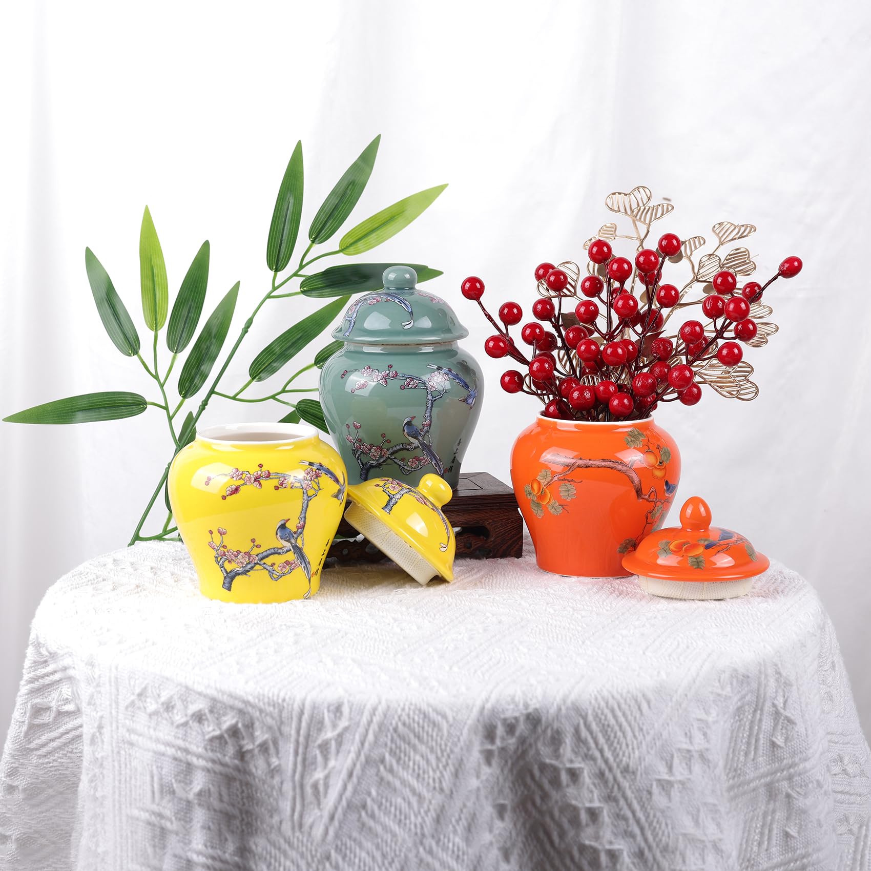 XINGYAN Lot de 3 pots à gingembre en porcelaine bleue et blanche