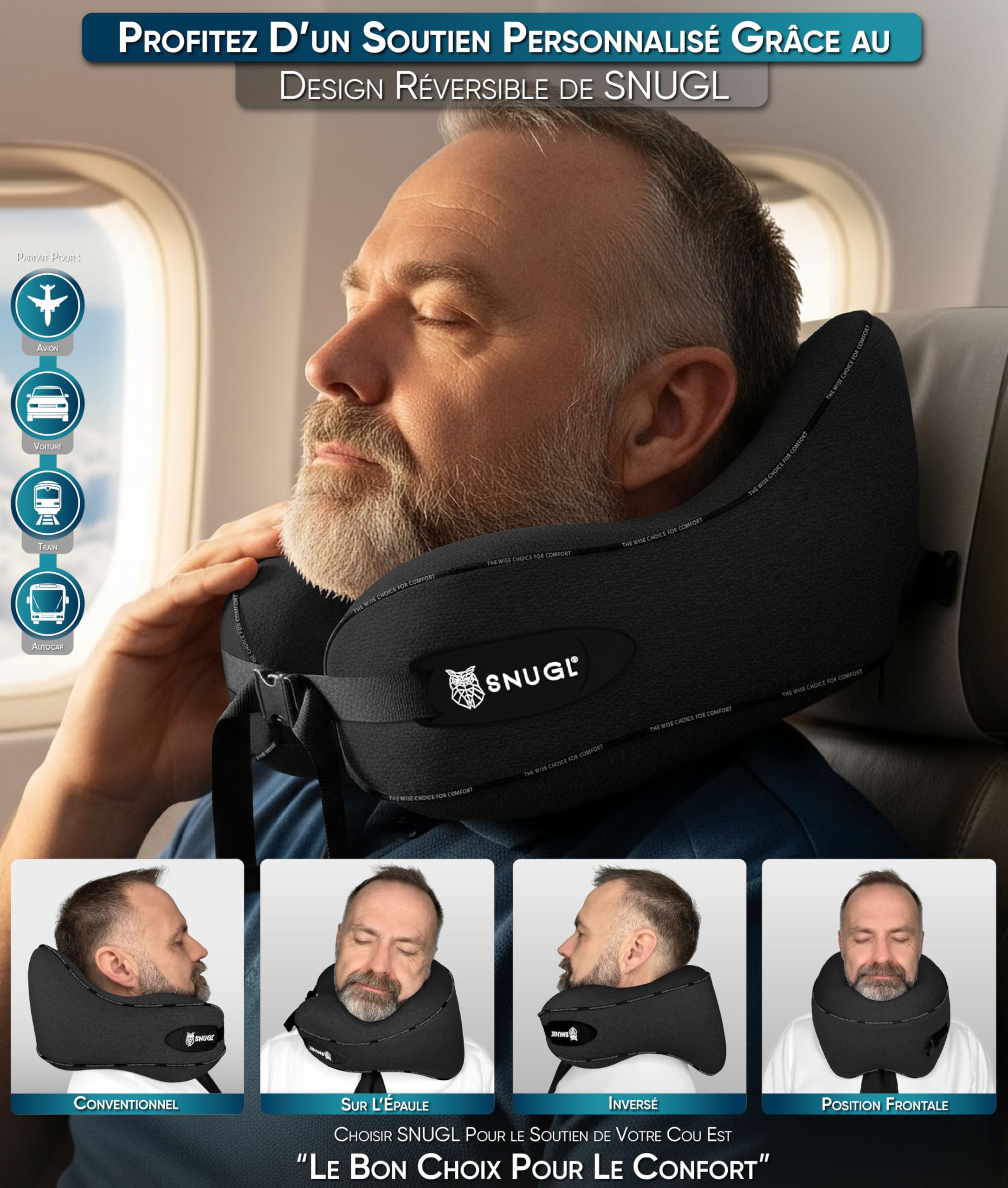 SNUGL Oreiller memoire Forme Ergonomique | Coussin de Voyage Avion Confortable | Oreiller de Voyage avec Tour de Cou | Accessoire pour Train, Voiture, Avion (Noir - Régulière)