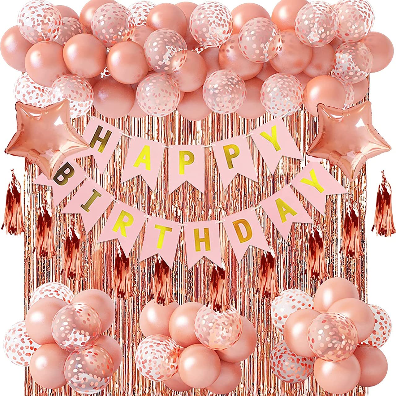 RAHILAZ Rose Gold Birthday Party Decorations, Rose Gold Confetti Balloons with Happy Birthday Banner Fringe Curtain Tassels for Birthday Party Bachelorette Party Baby Shower Anniversary Supplies