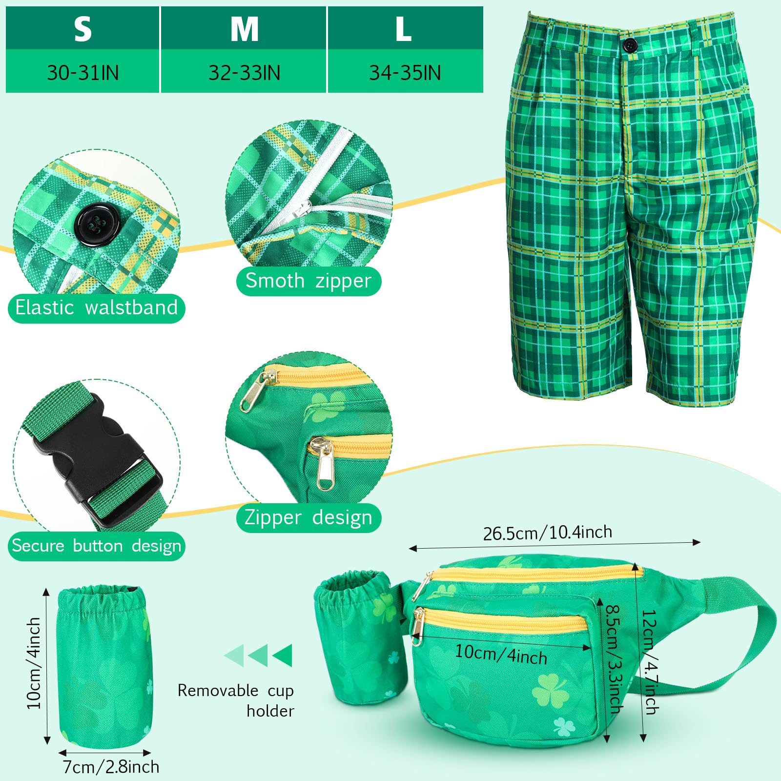 Capoda 10 Pcs St. Patrick's Day Costume Accessories Set Men Clover Shorts Hat Glasses Necklaces Suspenders for Irish Party (X-Large)