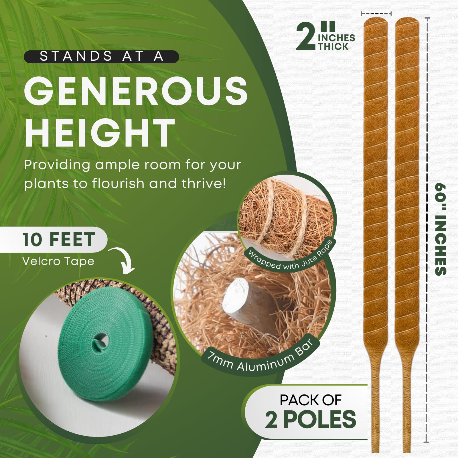 Lot de 2 bâtons de Mousse Pliables pour Plantes Monstera de 152,4 cm de Haut | Grands poteaux pour Plantes grimpantes | Bâtons de Plantes Faits à la Main pour Plantes Hautes en Pot