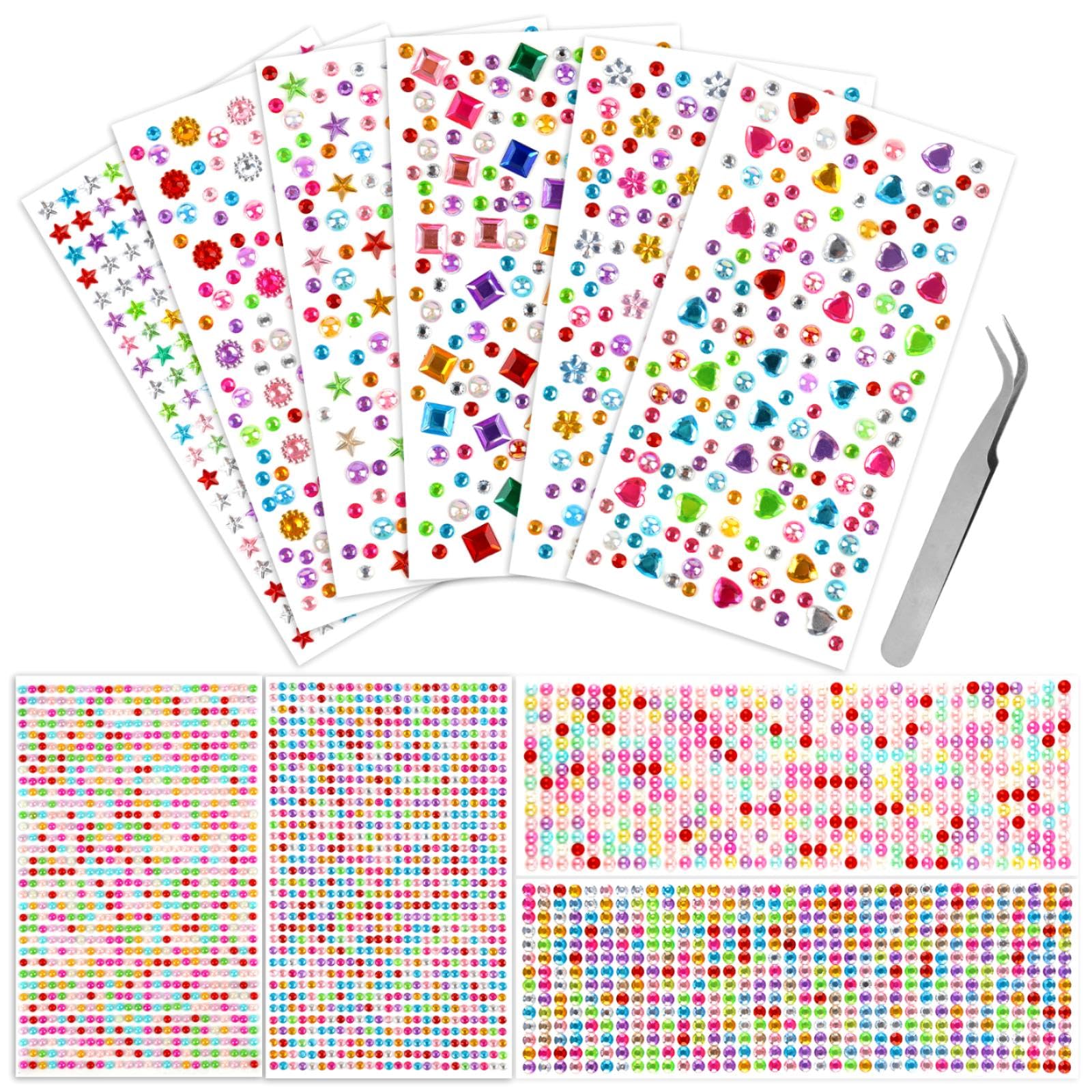 Glitzersteine Selbstklebend, 3700 Stück Bunt Strasssteine Selbstklebend, Acryl Glitzersteine zum Basteln, Verschiedene Formen Glitzer Sticker mit Pinzette für DIY Handwerke Deko