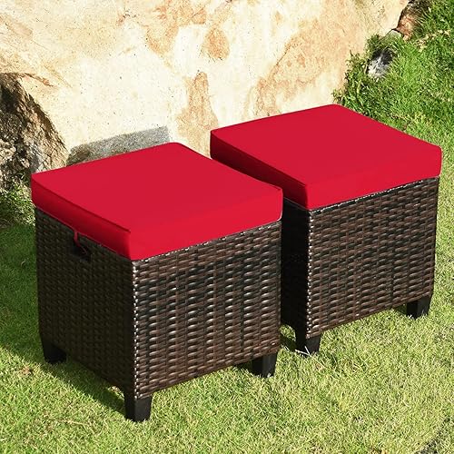 Miniatura 9 de HAPPYGRILL Juego de 2 otomanas de mimbre de ratán para exteriores, con cojines extraíbles, muebles de patio, reposapiés, asiento para reposapiés