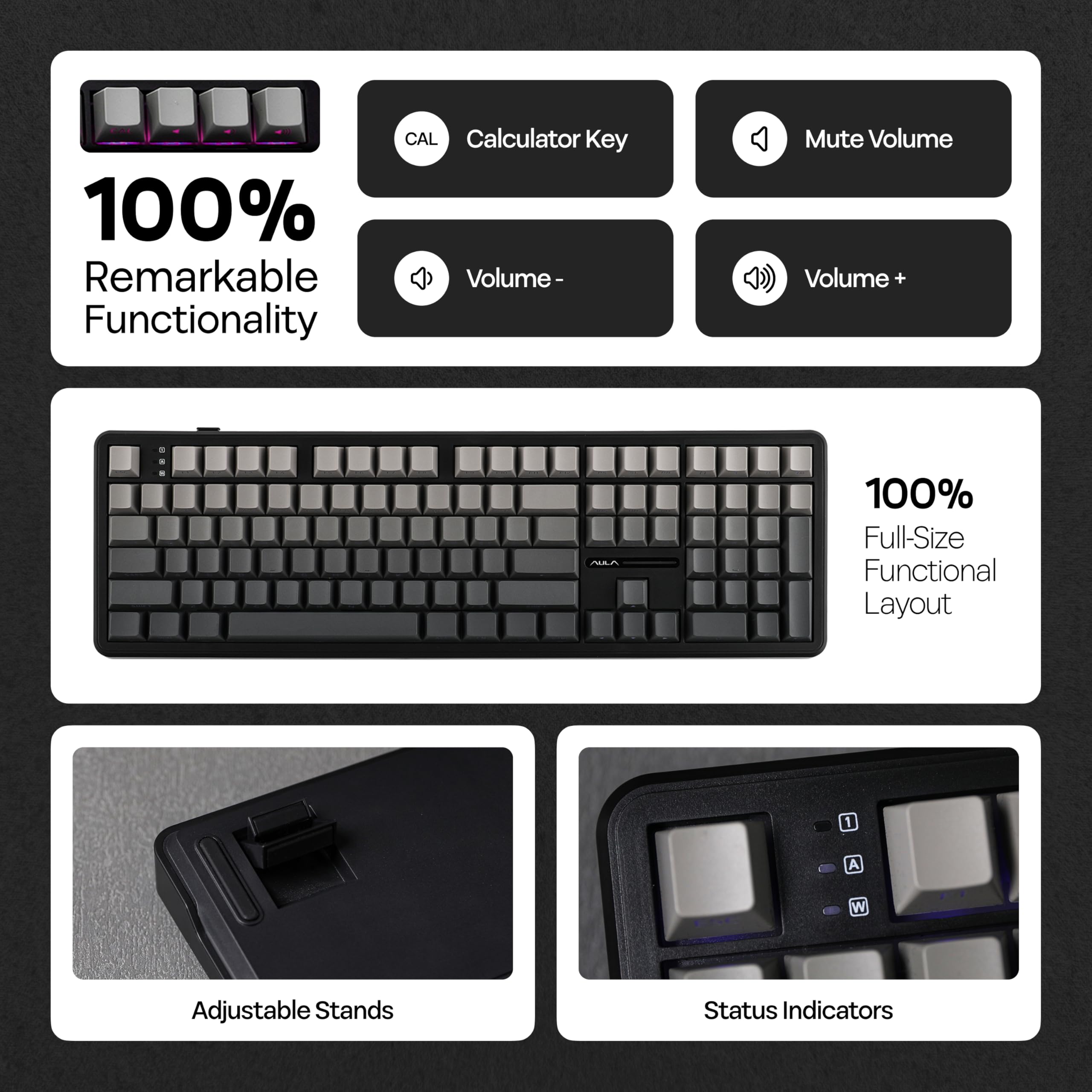 MechLands Aula F108 Tastiera da Gioco Wireless al 100%, 4000mAh, Tastiera Meccanica Personalizzabile, 108 Tasti Programmabili, Sostituibili a Caldo, per Win/Mac (Sfumatura Nera)