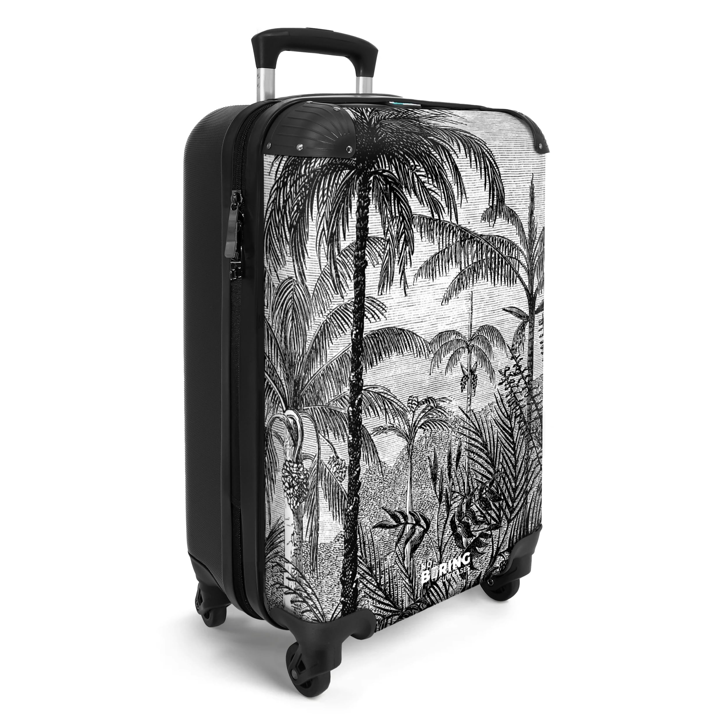 NoBoringSuitcases© Valigia bagaglio a mano | Trolley per cabina leggera, 4 ruote, motivo palme vintage, lucchetto combinazione, resistente ai raggi UV, 55-35-20 cm