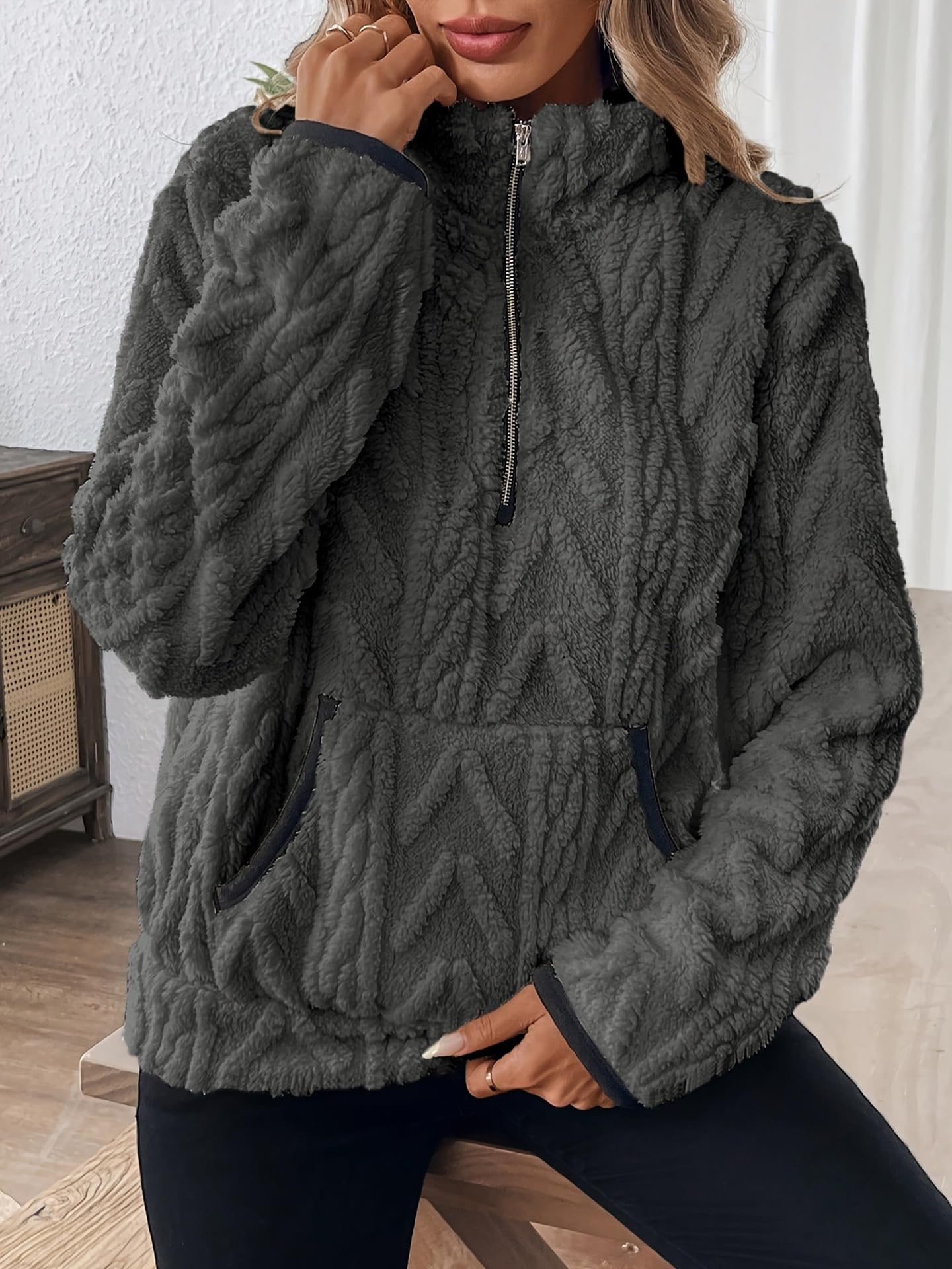 Sweter damski, jesienny polar, oversize, bluza casualowa, ciepła kurtka polarowa, na zimę, miękka koszulka z długim rękawem z kieszeniami