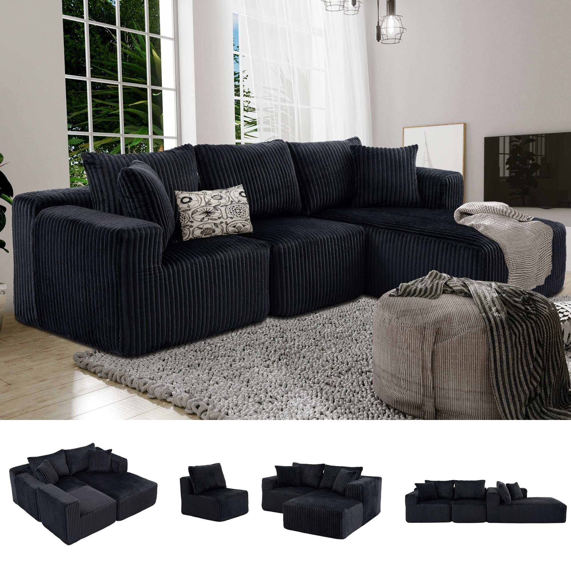 3 Seater L Shaped Sofa with Deep Seat, 101" Cloud Sectional Couch with Chaise, Cozy Modular Couches Sleeper, Oversized Corduroy Sofa for Living Room