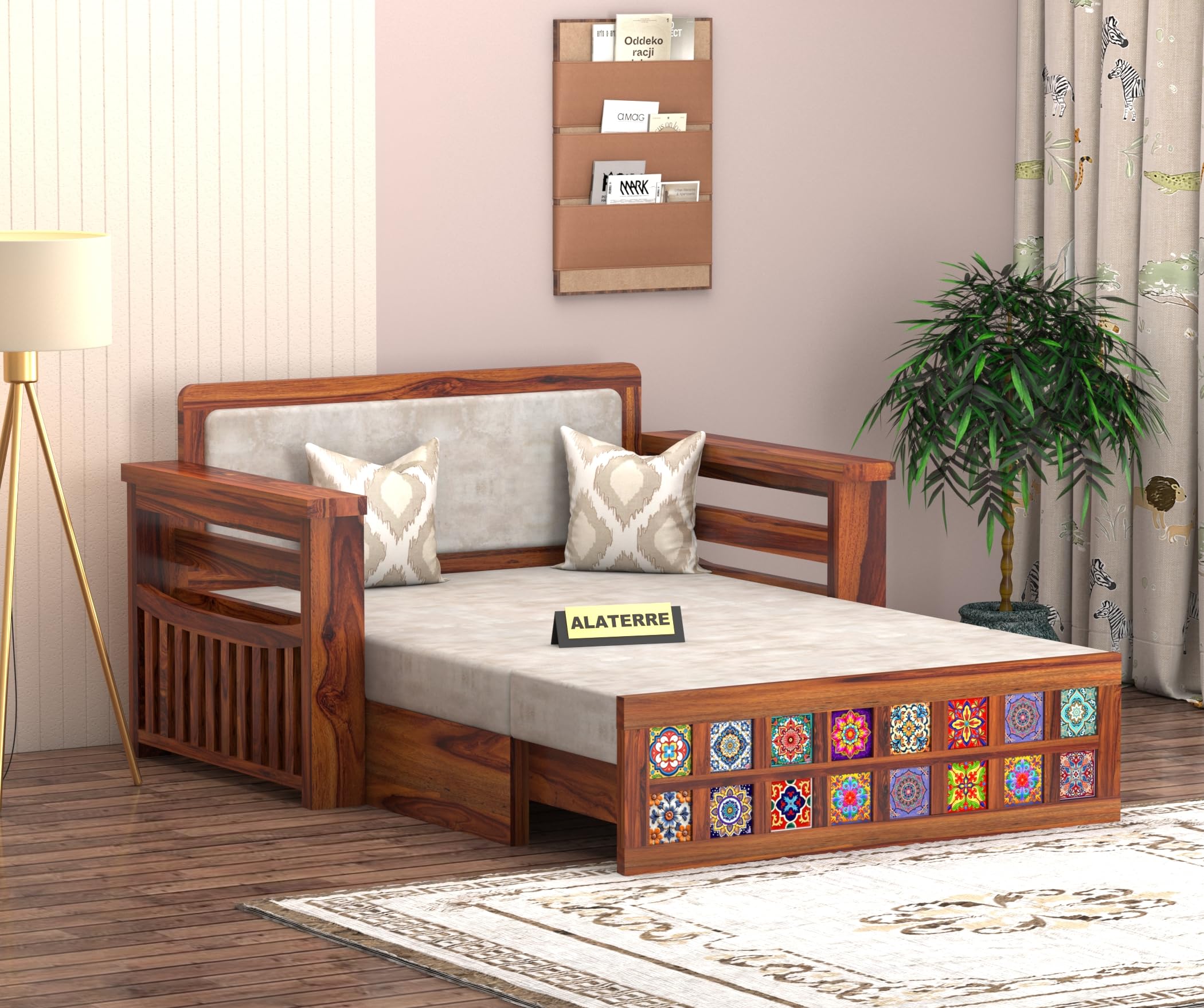 Solid Wood Sofa Cum Bed with Decorative Tile Design | Modern Pull-Out Wooden Diwan Bed with Cushioned Seating | Convertible 2 Seater Sofa Bed for Living Room (Honey Finish)-image-38