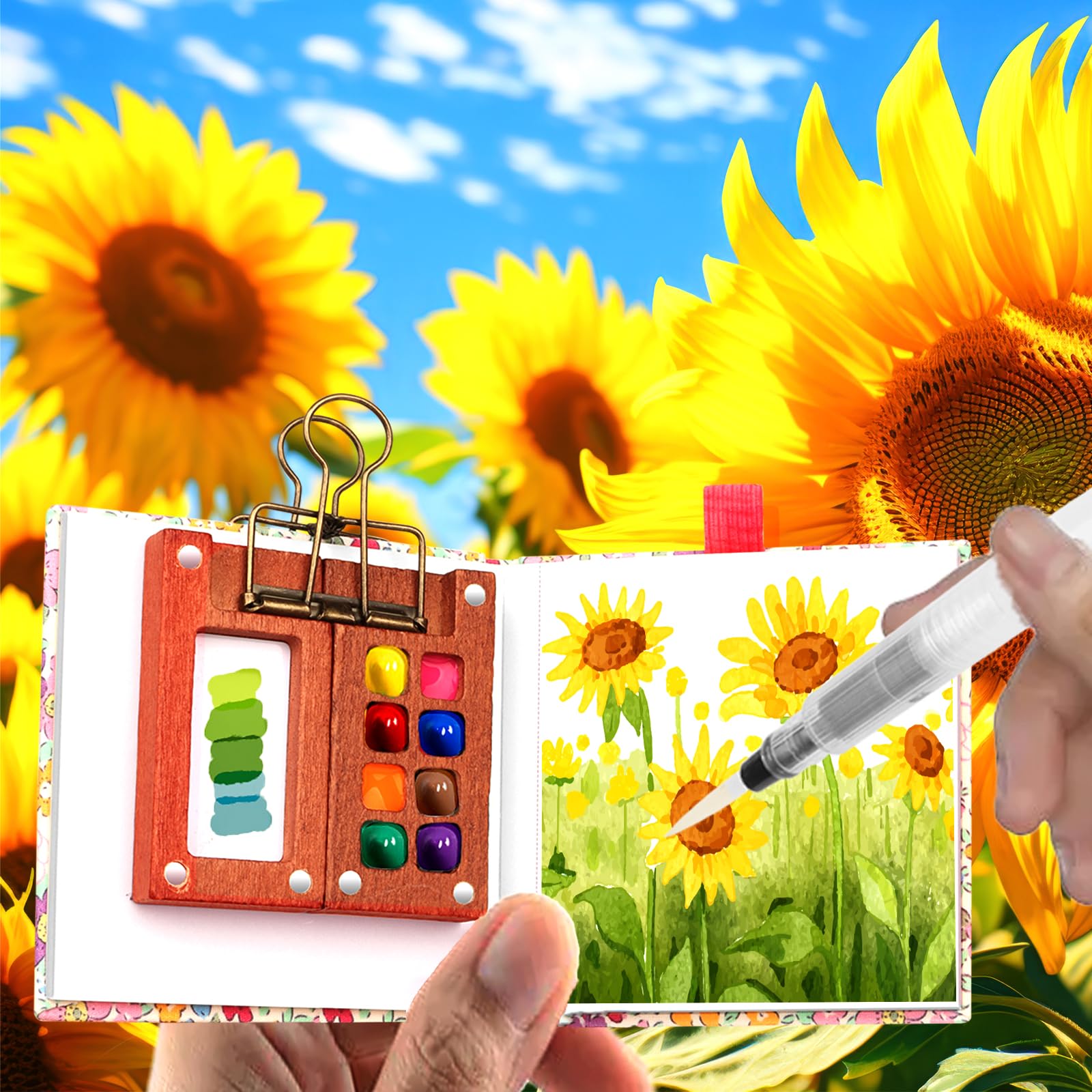 Kit Aquarelle Miniature Voyage Rose - 12 Couleurs, Mini Palette Bois, 3 Pinceaux & Carnet Pour Enfants Et Adultes