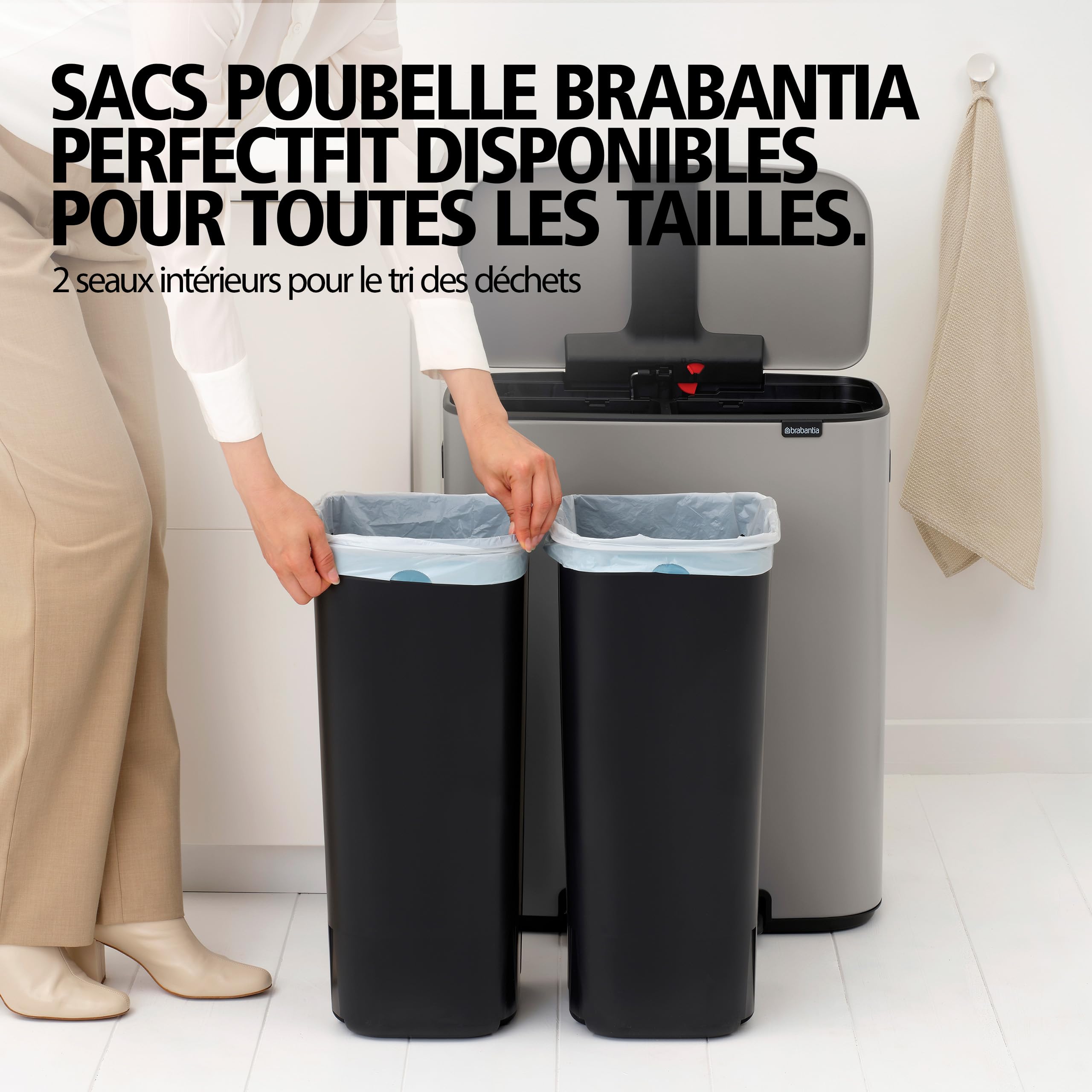 Brabantia Poubelle Bo 2x30L (Gris clair) – Poubelle cuisine à pédale à fermeture progressive – Système de tri des déchets facile à nettoyer, 2 seaux amovibles – Sacs-poubelle PerfectFit inclus