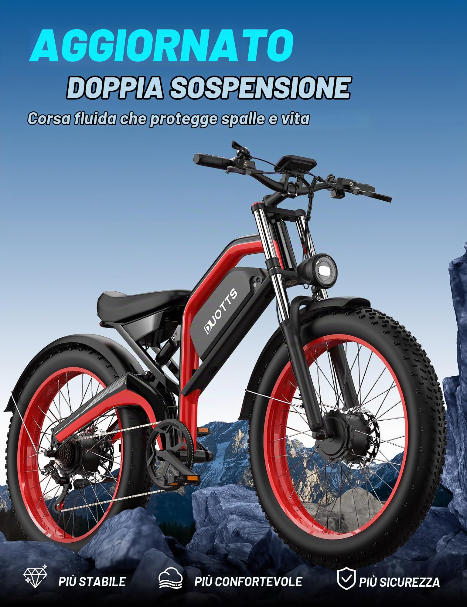 N26 Bici Elettrica Doppio Motore Uomo, Fat Tire 26 x 4.0 Ebike Mountain con 250W Batteria 48V 20Ah, Autonomia di 120Km (PAS), Adatta al Fuoristrada con Sospensioni Idrauliche & App Bluetooth