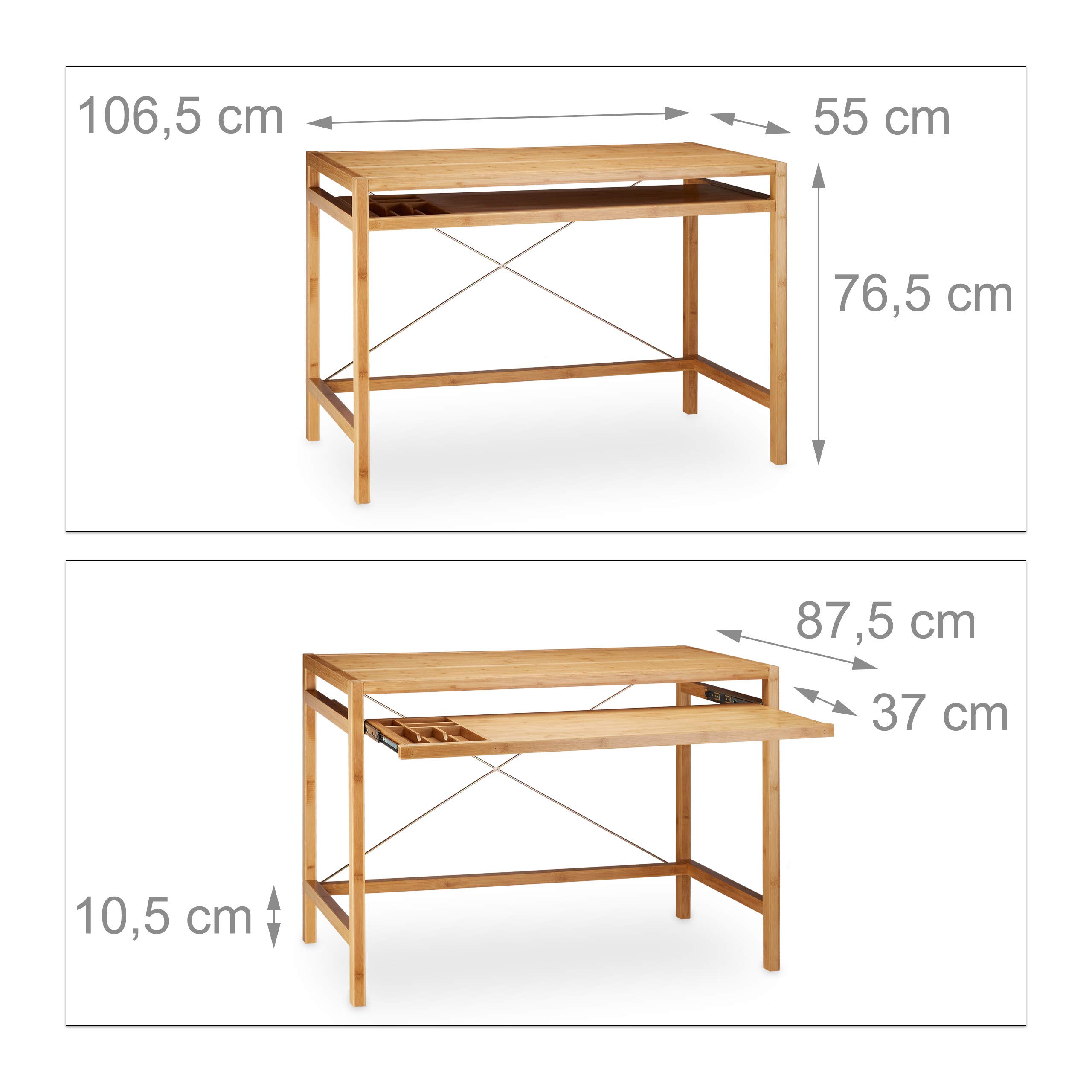 Relaxdays 10020277 Bureau informatique table ordinateur en bambou moderne emplacement clavier HxlxP: 76,5 x 106,5 x 55,5 cm, nature