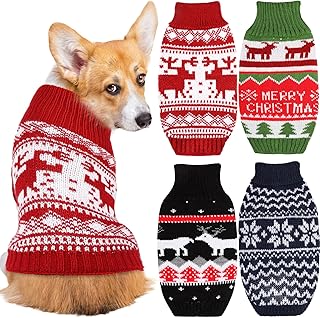 4 Pieces Dog Christmas Sweater Warm Knit Dog Sweater Turtleneck Cute Soft Dog Sweater Costume Reindeer Snowflake Dog Christmas Outfit Cold Weather Pet Christmas Clothes for Dog Puppy (Small)