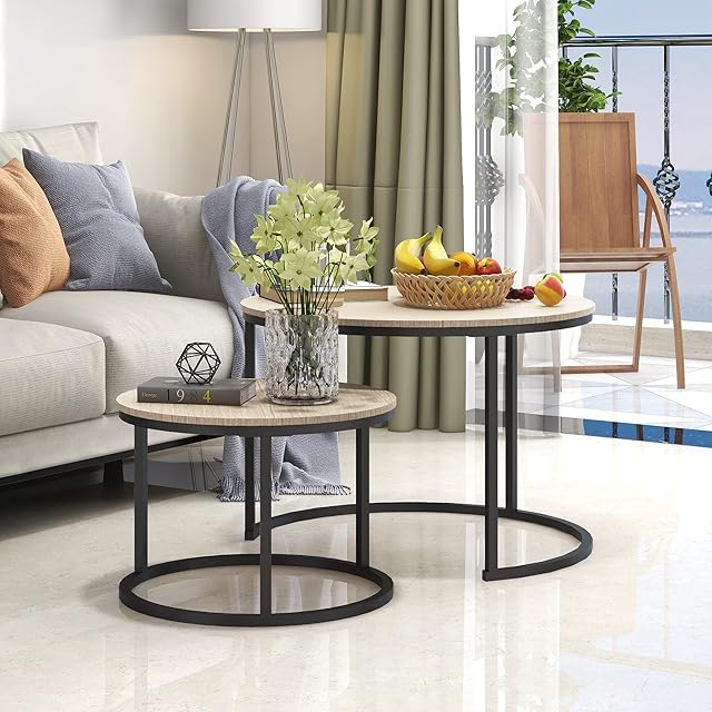 BOFENG Nesting Tables Set of 2 Wood Coffee Table Round,Farmhouse End Tables for Living Room, Small Couch Tea Table,Industrial Stacking Side Tables with Sturdy Steel Metal Frame,Natural Oak Color