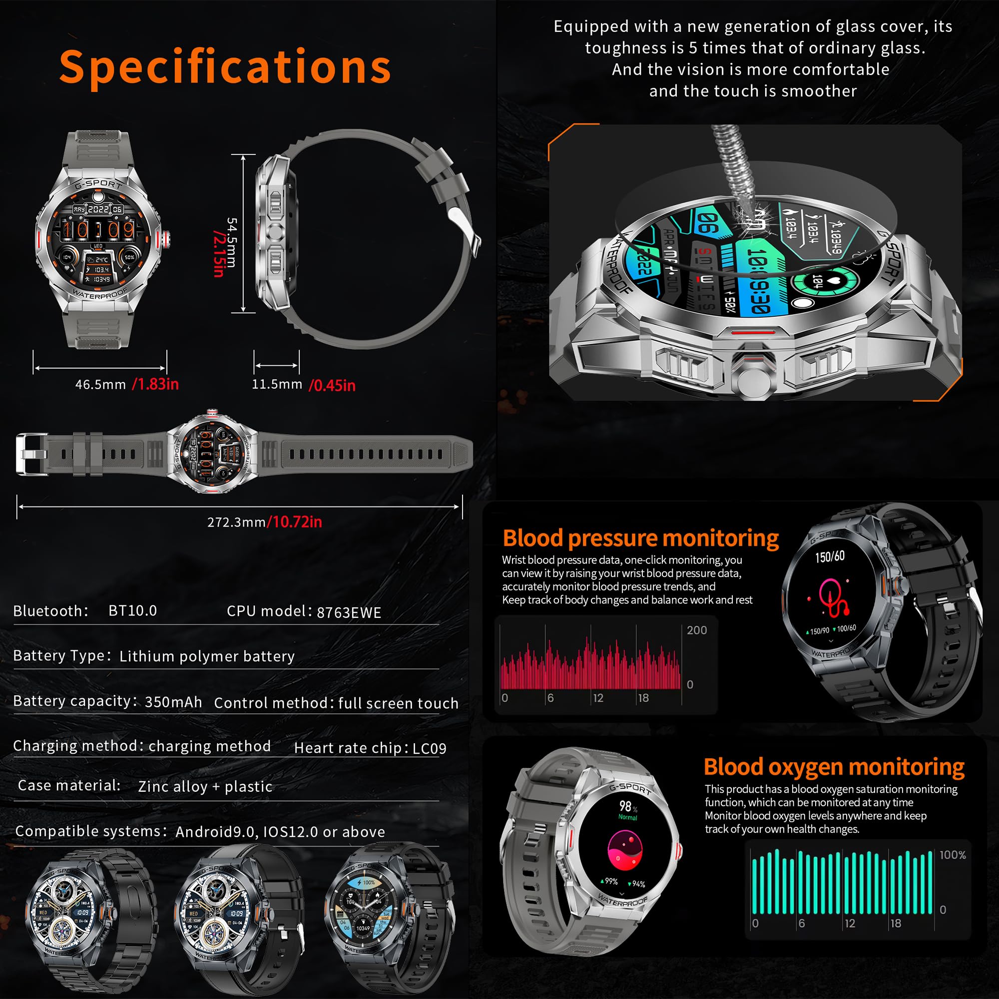 5ATM Montre Connectée Homme avec Appels Bluetooth, 1,46” AMOLED Smartwatch avec 123 Modes Sportifs/SpO2/Fréquence Cardiaque/Lecteur de Musique/Montre Intelligente Fitness pour Android iOS (Noir)