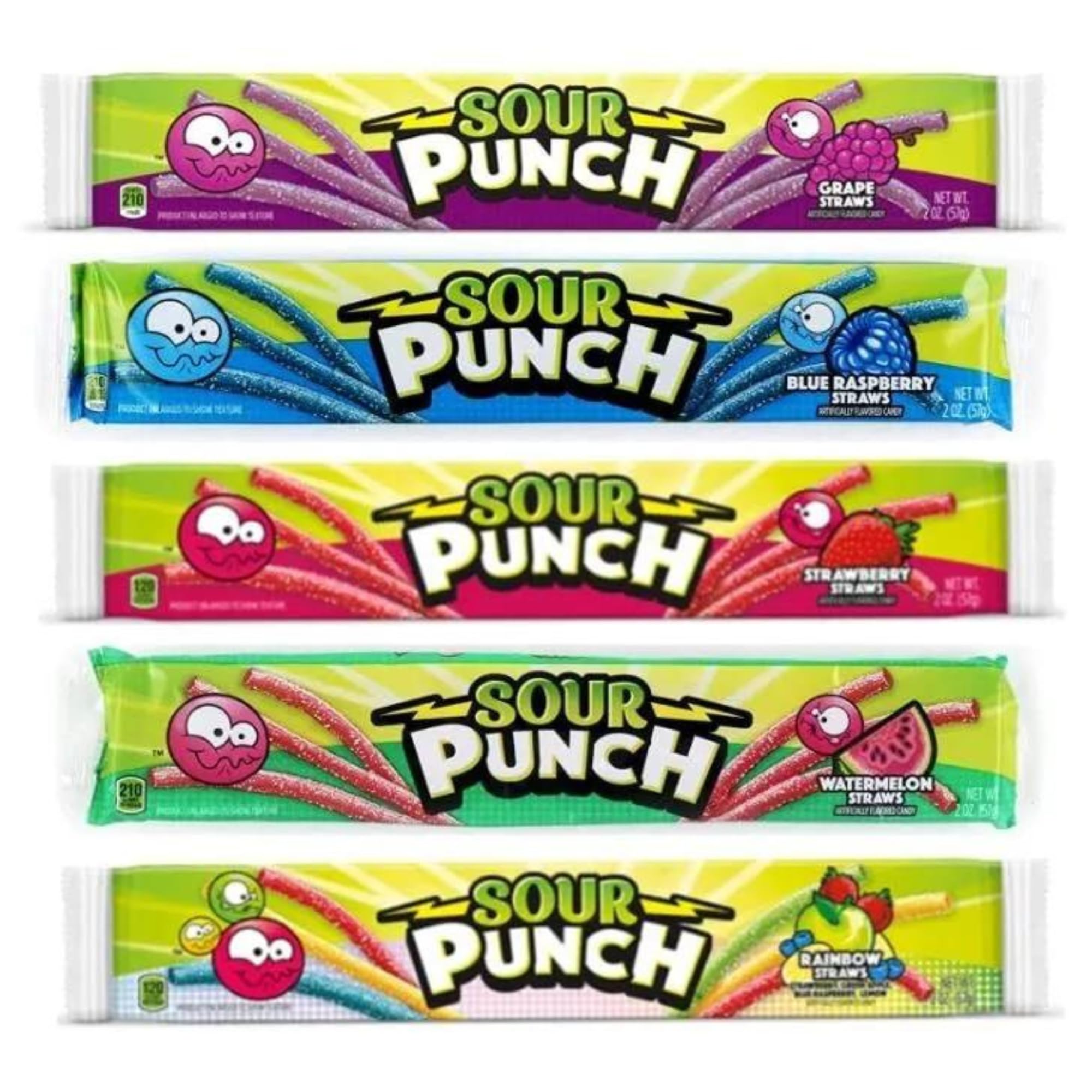 Sour Punch Straws Bundle 5 Items Gift Assortment 2 ounce pack each, 5 packs total (Assortment – Grape, Blue Raspberry, Strawberry, Watermelon, and Rainbow)