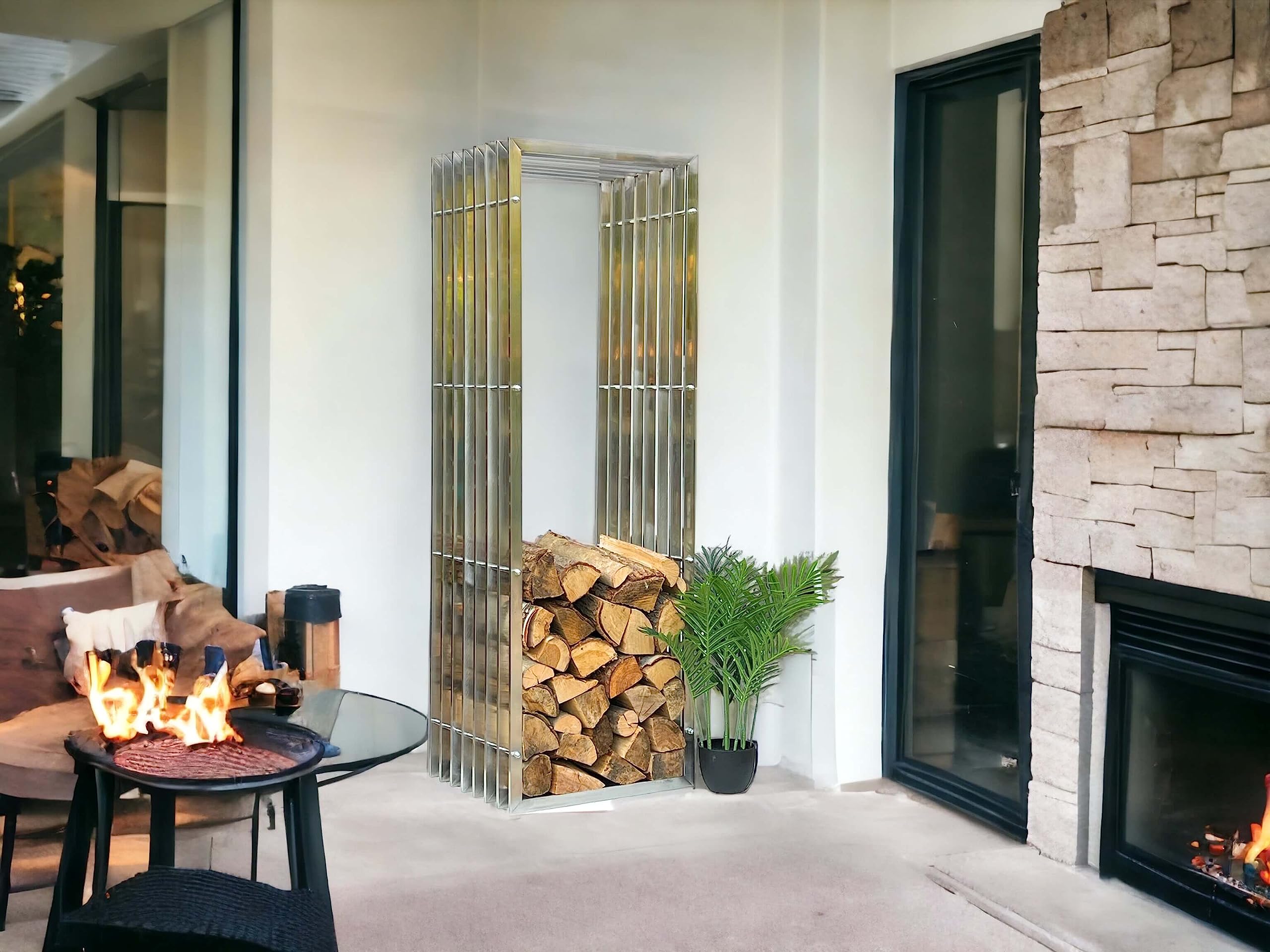 DanDiBo Kaminholzregal Innen Metall Edelstahl Kaminholzständer 96429 150 cm Holzkorb Kaminholzhalter Holzregal
