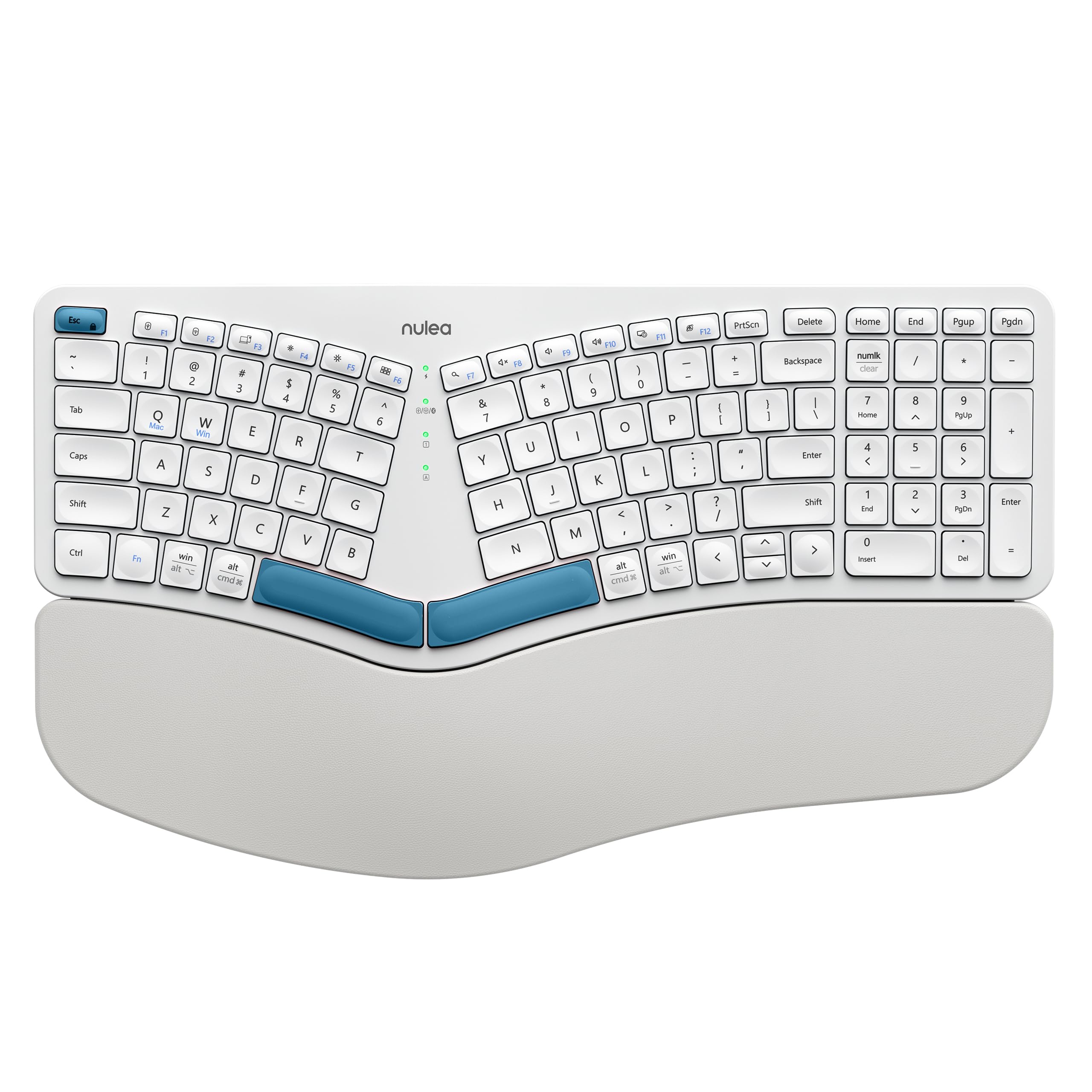 Nulea RT05B Wireless Ergonomic Keyboard, Split Keyboard with Cushioned Wrist Rest, Bluetooth and USB Connectivity, USB-C Rechargeable White Blue