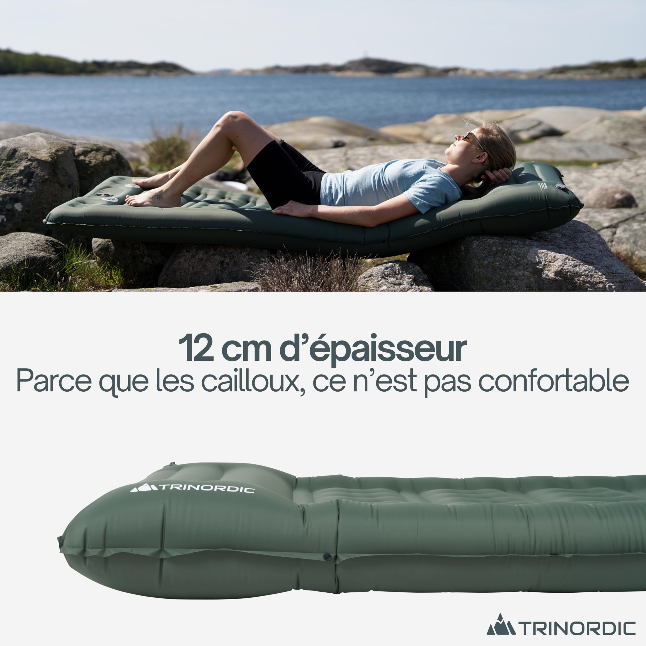 Trinordic Matelas Gonflable Camping Épais - 12 cm Extra Épais et Large avec Pompe à Pied et Oreiller - Matelas Gonflable 1 Place Léger pour Aventures en Plein Air, Randonnée, Bikepacking