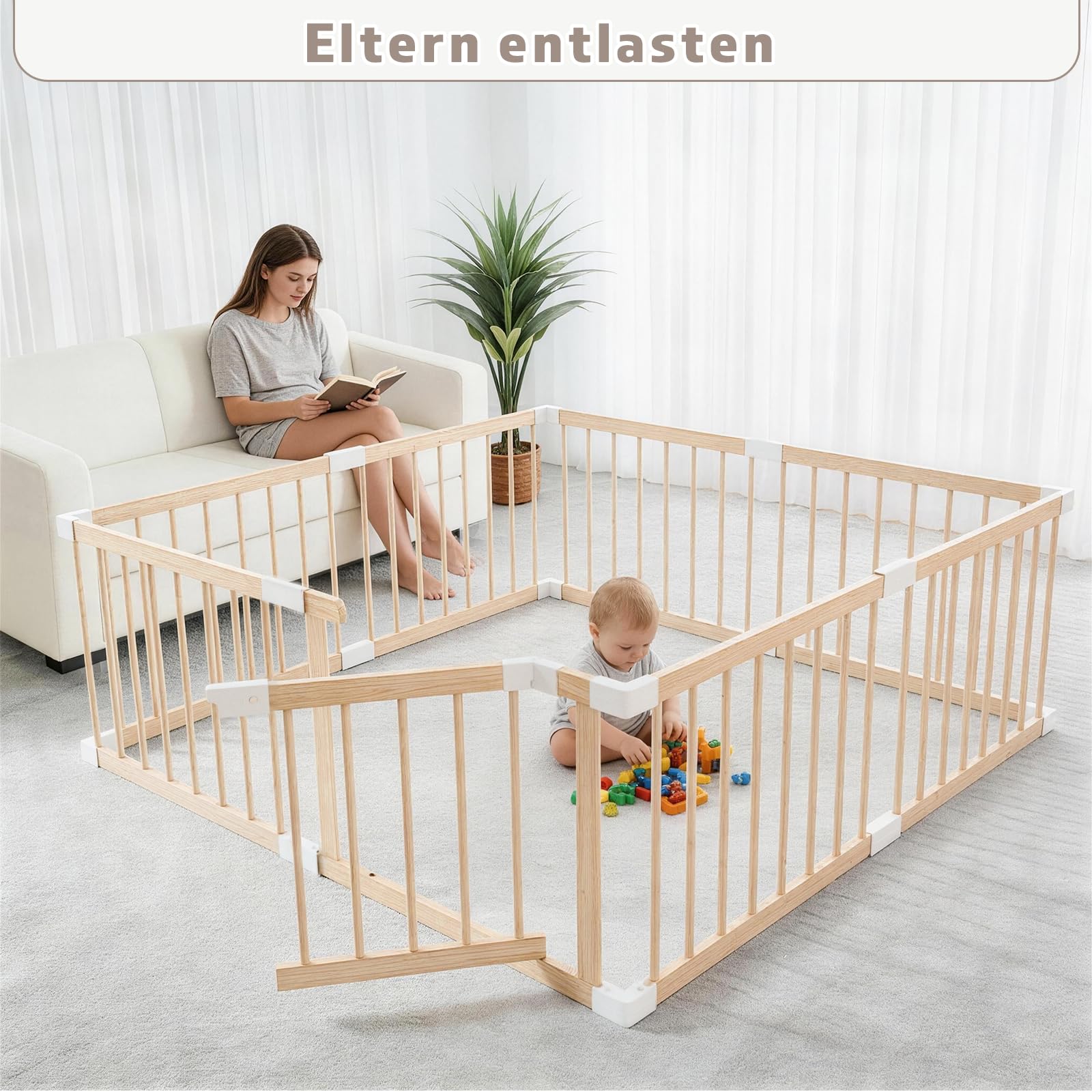Baby Laufstall aus Holz mit Tür & Sicherheitsverschluss - Robustes Laufgitter zum Zusammenbauen, individuell formbares Krabbelgitter & Absperrgitter für Babys und Kleinkinder(135 * 135 * 61 cm)
